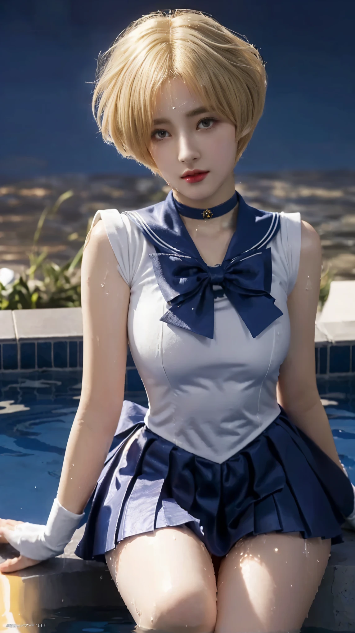 a close up of a woman in a sailor costume posing on a ledge, anime girl cosplay, anime cosplay, cosplay, cosplay photo, realistic cosplay, anime girl in real life, full-cosplay, the sailor moon. beautiful, big breasts, big tall posture, thin lips, shiny lips, pleated skirt, super short mini skirt, ahri from league of legends, photorealistic anime, professional cosplay, sailor uniform, sailor moon style, ((blonde hair, short hair, water pool background)), sailor uranus.