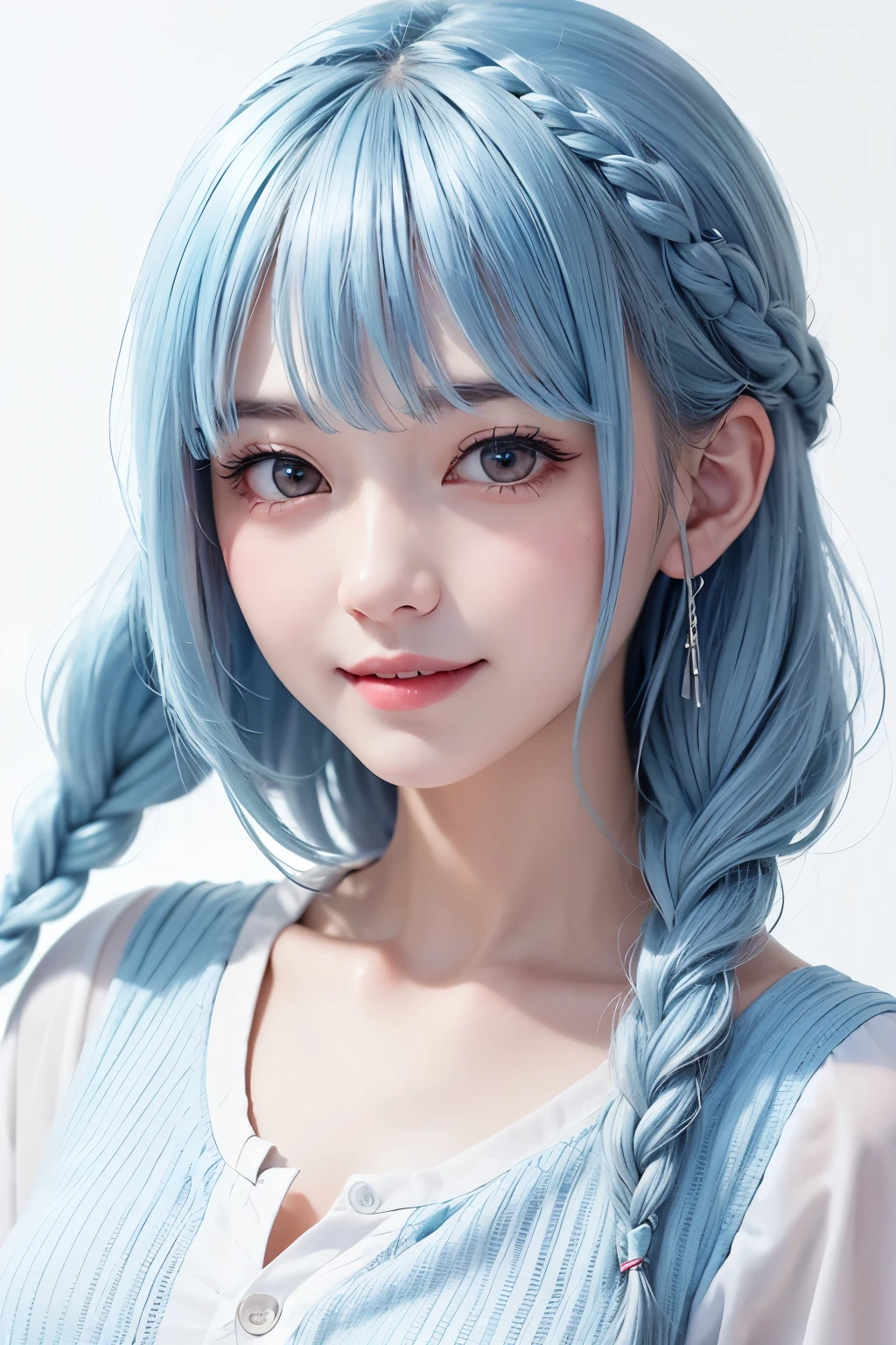 1 girl、 Japanese、(Light blue hair)、((Braids mixed with silver hair))、( Brown Eyes)、 semi-long、 has a white background、smile、 white shirt、 bust up、(( facing the front))
