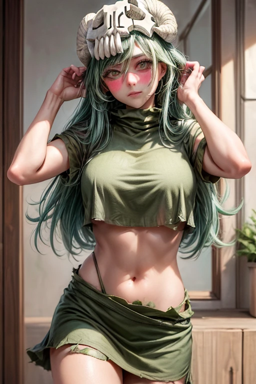 (​masterpiece、top-quality:1.2), cowboy  shot, 独奏, 1girll, odelschwanck, deadpan, Mouth closed, Look at viewers, Hands in their hair, Green hair, calavera, ripped clothing, tits out, skirt by the, ((NSFW:1.4))