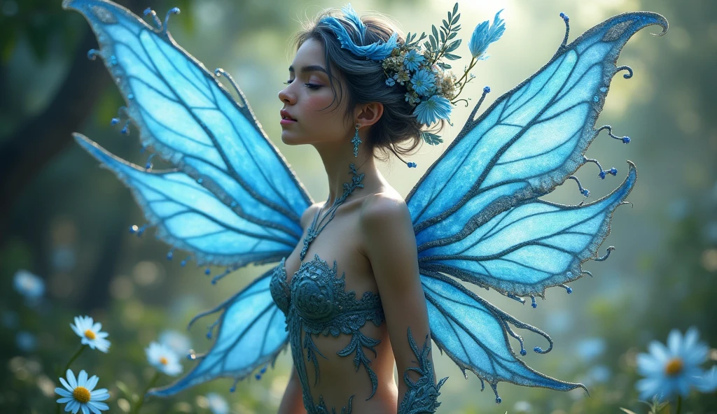 real photo, photorealistic, dark photo of the loving fairy, insane realistic skin texture, intricate hair detailes, sharp focus, high contrast, bokeh, ((full body shot, full body portrait, full body view, focus on full body)),