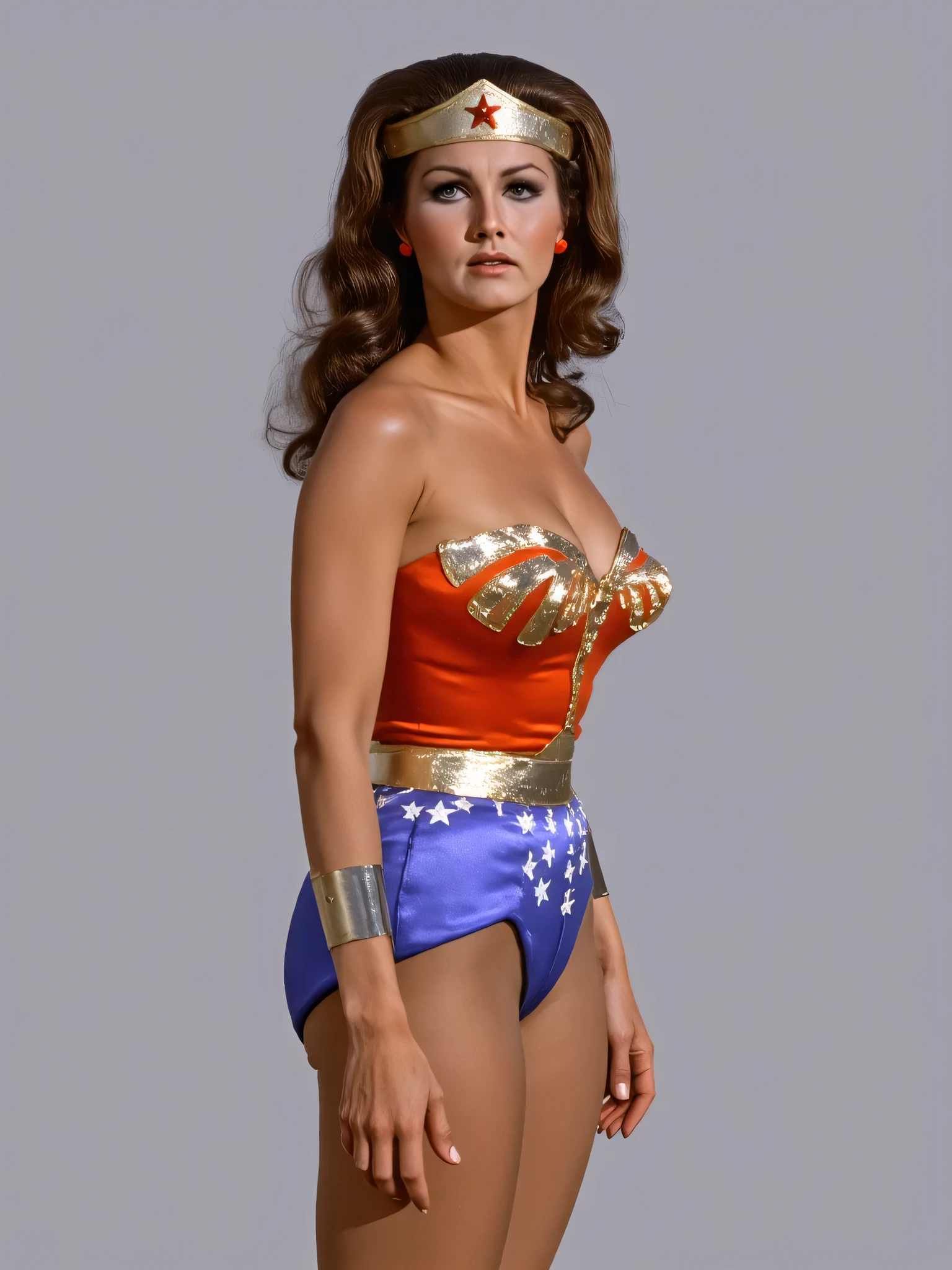 Lynda Carter as Wonder Woman, sexy photoshoot in a blank gray background, full body photo, standing very sexy seductive posing, showing off hot legs and boots, ((( with eyes opened, mouth open, glossy lips ))),with a desperate sexy expression,