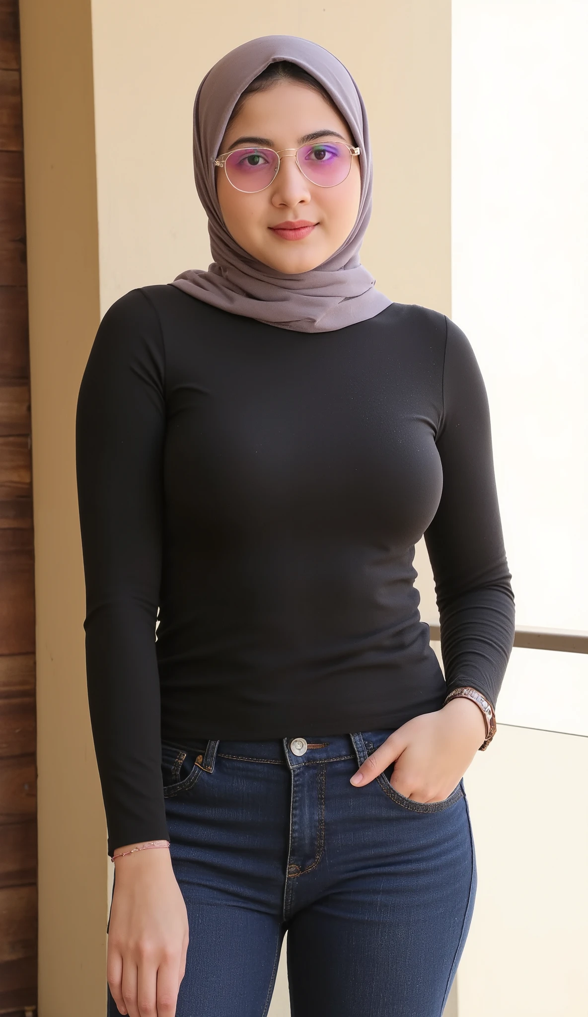 RAW, Best quality, high resolution, masterpiece: 1.3), beautiful Malay woman in hijab,Masterpiece, perfect fit body, Huge breast, biggorgeous eyes, Soft smile, woman sitting in a blue and white shirt and white pants, wearing in shirt, woman model, hijab, wearing a blouse, women full body, lovely woman, attractive and beautiful, wearing stripe shirt, casual pose, attractive girl, shirt, wearing polo shirt, tied - up shirt, beautiful iranian woman, attractive woman, profile photo , Delicate turtleneck, necklace, shairband, afternoon walk, City garden, Excellent lighting, Bright colors, Clean lines