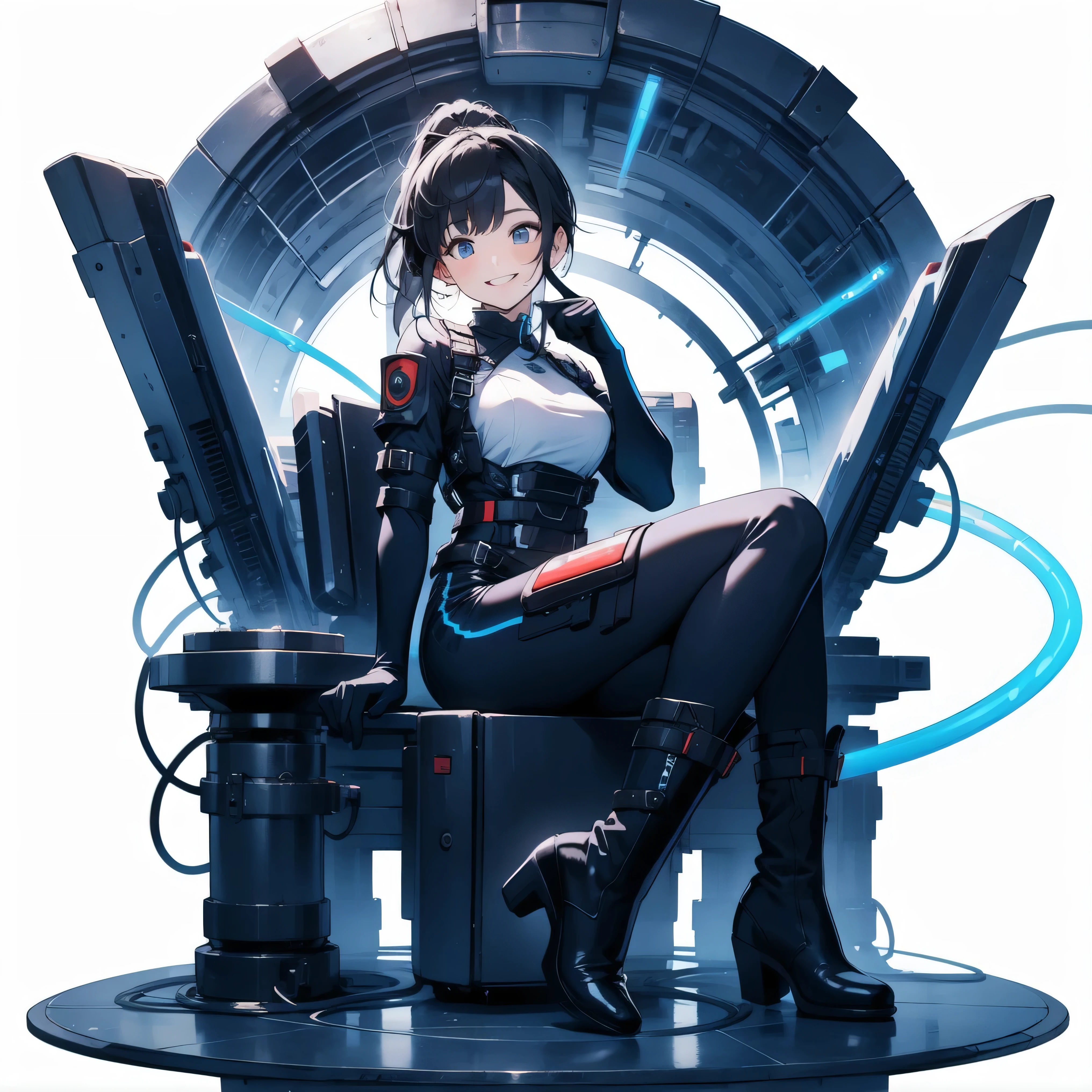  in the seat、 moderate bust、smile、 detailed expressions 、ruanyi0152 、( white background)、 ruanyi0238 、 blue glowing parts 、cable、Complex and precise instruments、Machinery Parts、 high knot ponytail、whole body、 top quality、 Masterpiece、 Hi-Res、 dynamic pose、 model stand、 Official Art、  very elaborate CG Unity 8K wallpaper  、Carrying a large flying unit、 long boots、Exoskeleton、 gloves up to the elbow 、