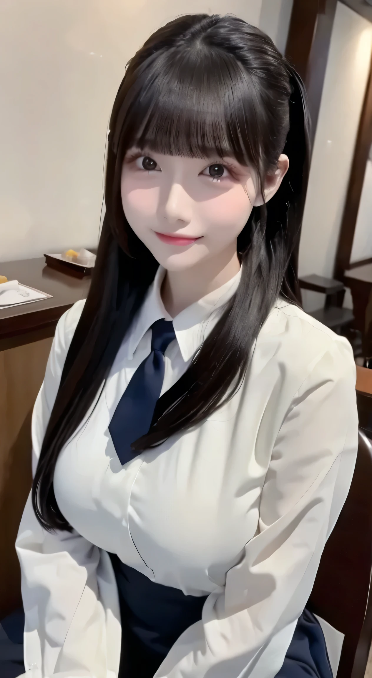( top quality,​masterpiece:1.3, Ultra A High Resolution ,),( super detailed, caustics),( photorealistic :1.4,RAW shooting,) Ultra Realistic Capture, very detailed,  high resolution 16K human skin close-up  。  skin texture is natural 、,Pores、 must be detailed enough to be easy to identify。  skin should have an even tone and look healthy。 Use natural light and color, restaurant , waitress uniform, in the seat, Japanese,18 years old, cute, dark-haired,poneyTail, big breasts,smile, Turn Your Body Forward ,( Facing the front :1.1), looking at camera, cowboy shot ,