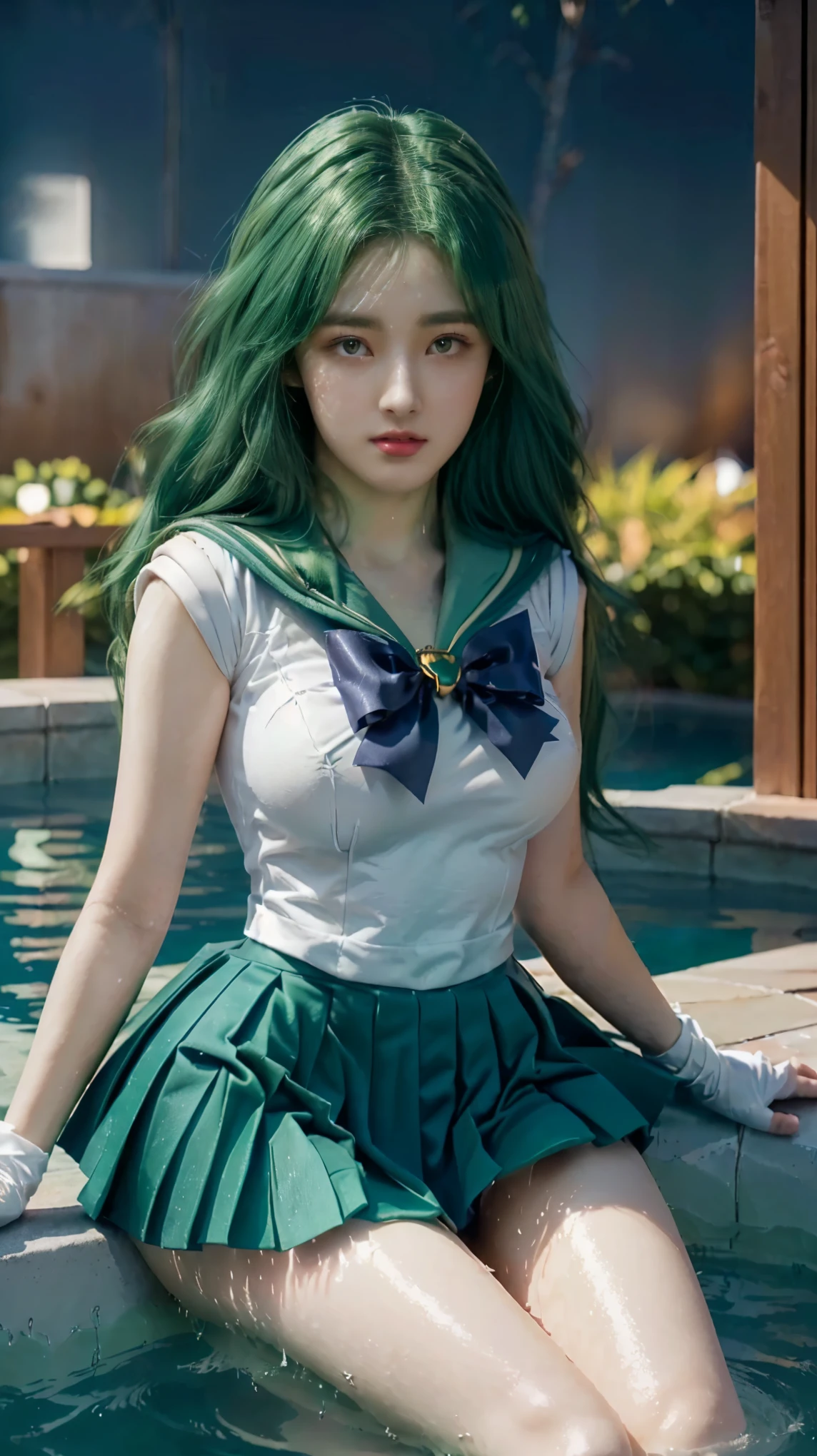 a close up of a woman in a sailor costume posing on a ledge, anime girl cosplay, anime cosplay, cosplay, cosplay photo, realistic cosplay, anime girl in real life, full-cosplay, the sailor moon. beautiful, big breasts, big tall posture, thin lips, shiny lips, pleated skirt, super short mini skirt, ahri from league of legends, photorealistic anime, professional cosplay, sailor uniform, sailor moon style, ((green hair, long hair, green eyes, water pool background)), sailor neptune.