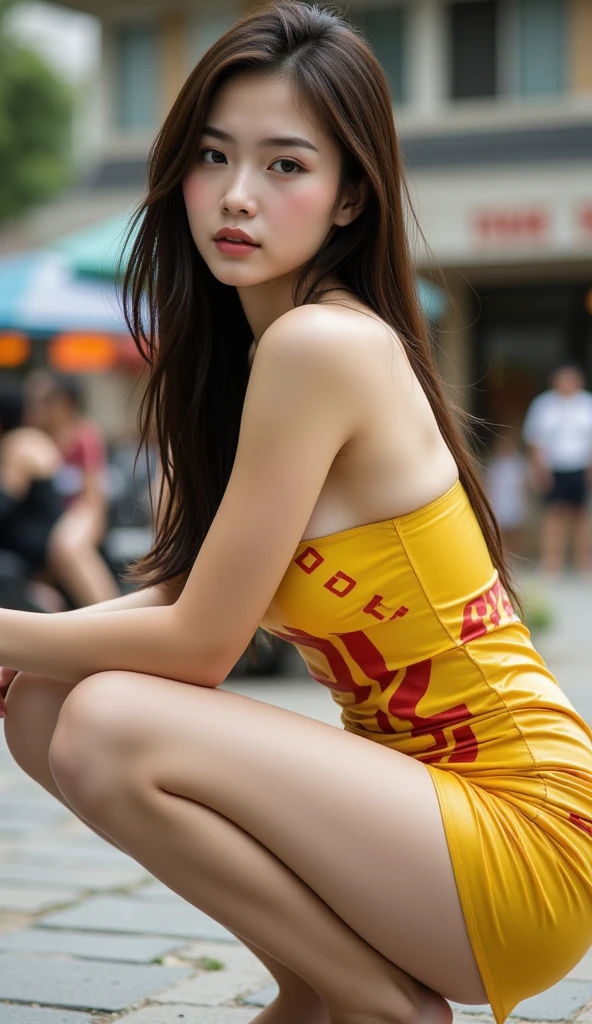 Hmph:1.2,City park in the evening、On the asphalt、32K、Best image quality、Ochre sleeveless knit dress、Cheap feeling、No good、panties、The body line is clear、、((Browsing Caution:1,.))、Smile、(Bob Hair)、Very flat chest、No valley、Physically slim、Small Tits:1.5、height: 157cm,Japanese people of unparalleled beauty、Beautiful Face、High heels、Bracelet in right hand、((The expression of ecstasy))