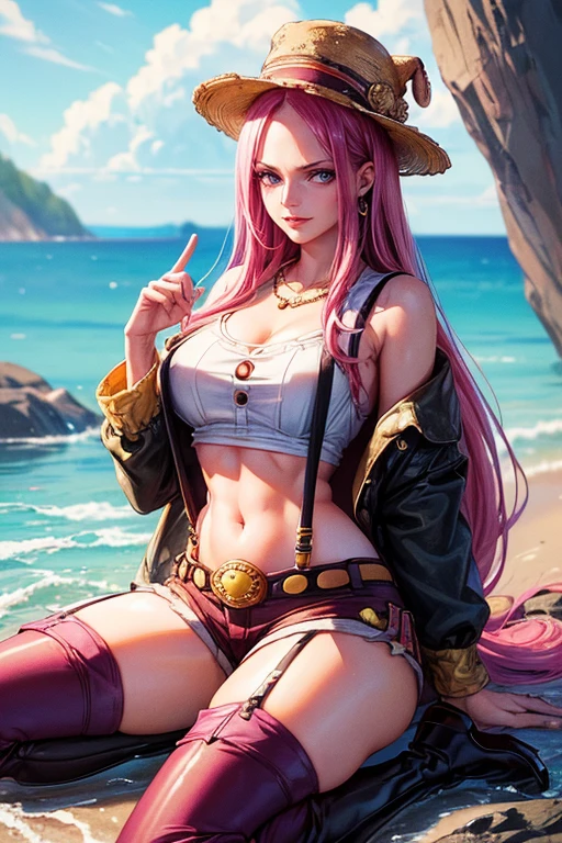 ((top-quality, 8K, masterpiece:1.3)), A detailed eye, (looking at from the front), Look at the camera, ((Everything is sparkling、reflecting light:1.2)), (Best Ratio: 4 fingers, 1 thumb), (portrait), (((Jewelry Bonney from One Piece))), JewelryBonneyV2, half body shot, light smile, 1girl, solo, cute asian face, long hair, pink hair, hat, ((slim girl, medium breasts, hyperdetailed lips)), red lips, (thighhighs, shorts, suspenders, boots, purple eyes), navel, midriff, no top, belt, suspender shorts,water on her, tongue out, blushing, arms up, complex detailed background, barren land, rocks, ocean, nature environment, kneeling ,seiza , spread legs,, blushing, out, beautiful boos, perfect natural , beautiful nipples