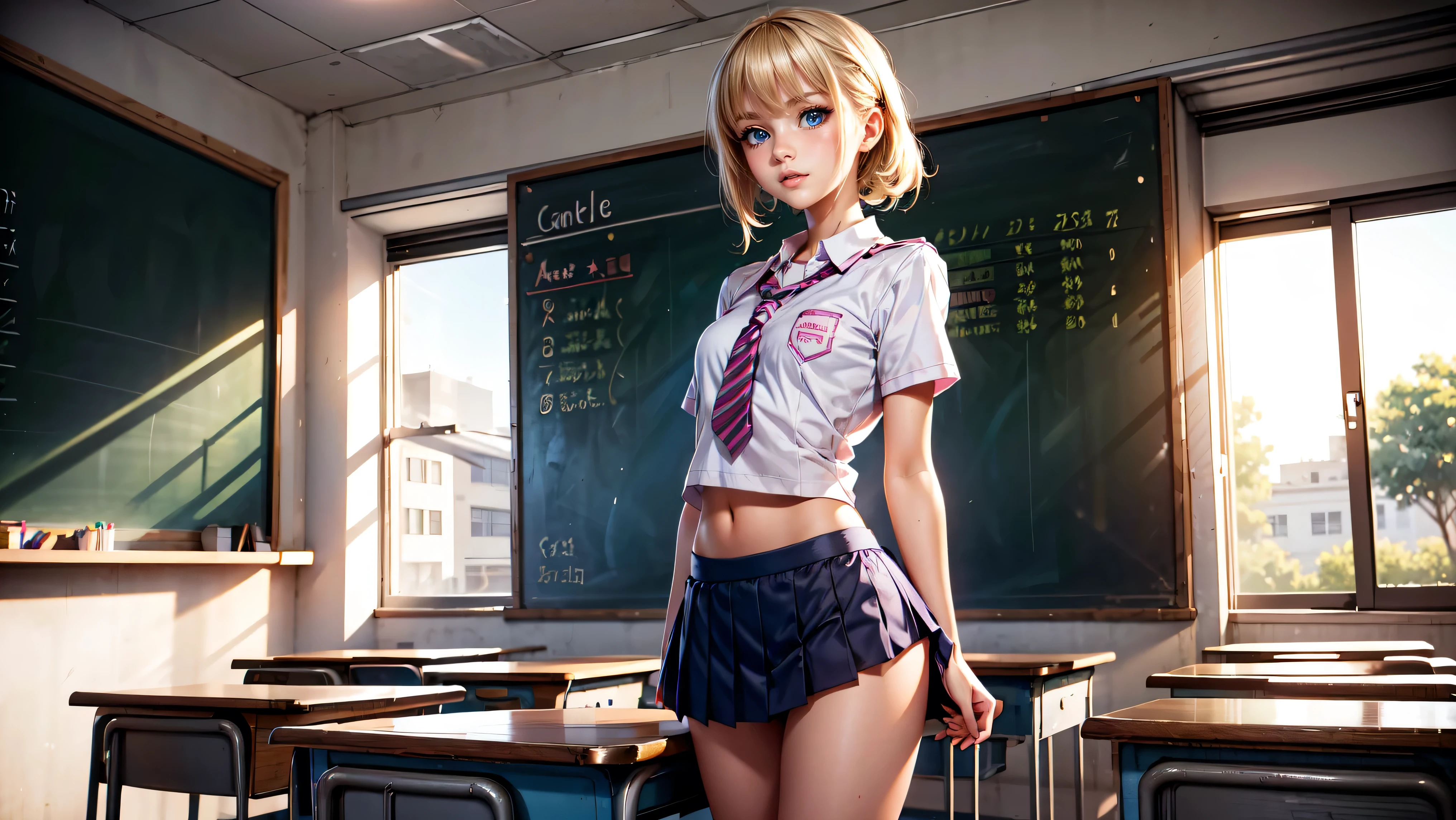 Standing in a classroom, Cute blonde girl wearing revealing pink high-school uniform in classroom, sexy, petite, blue eyes, popular girl, standing in front of the chalkboard, 