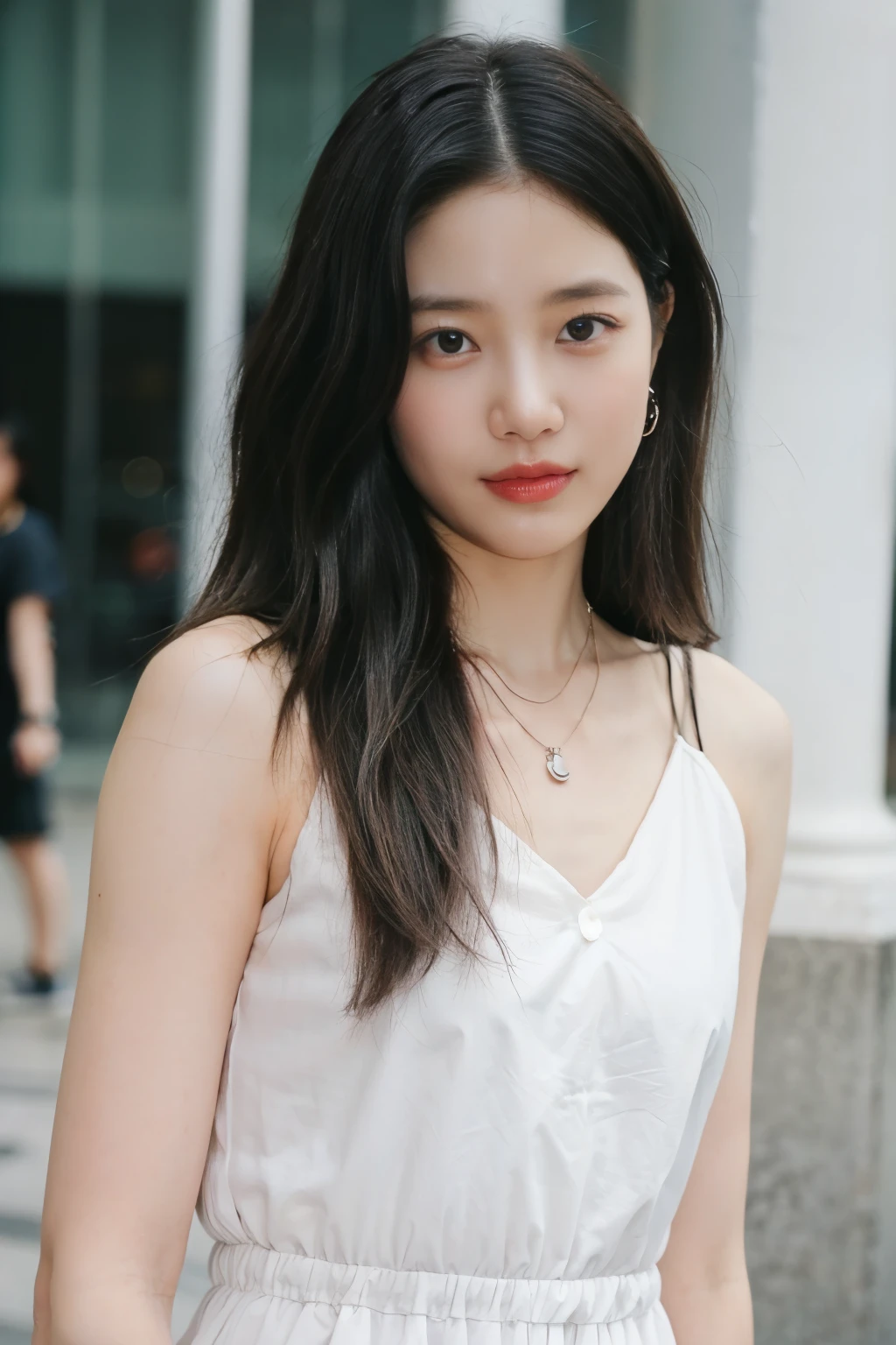 ((Masterpiece, high quality, best quality, ultra detailed, RAW Photo, 4k)), 1 girl, tomboy girl, short hair, have two hair layers, black hair, perfect eyes, perfect face, delicate face, perfect eyelids, pale skin, (wearing very big outfit), perfect hands, perfect fingers, in the street, crowded people, (wearing small necklace)