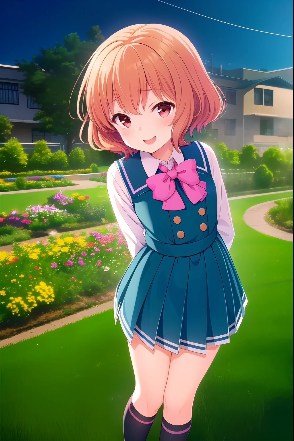 ( masterpiece, top quality), 非常に詳細なbackground, perfect lighting, top quality,{Tomura Michiru, one girl、(), ( beheading ),、((arms behind back:1.4)), ( is standing:1.3), red eyes 、( laugh:1.3), { short hair、( twin tail)、(pink bobble ), ( orange hair)}, {Nursery school uniform 、(Very small bust:1.4)}}, {background (garden),}