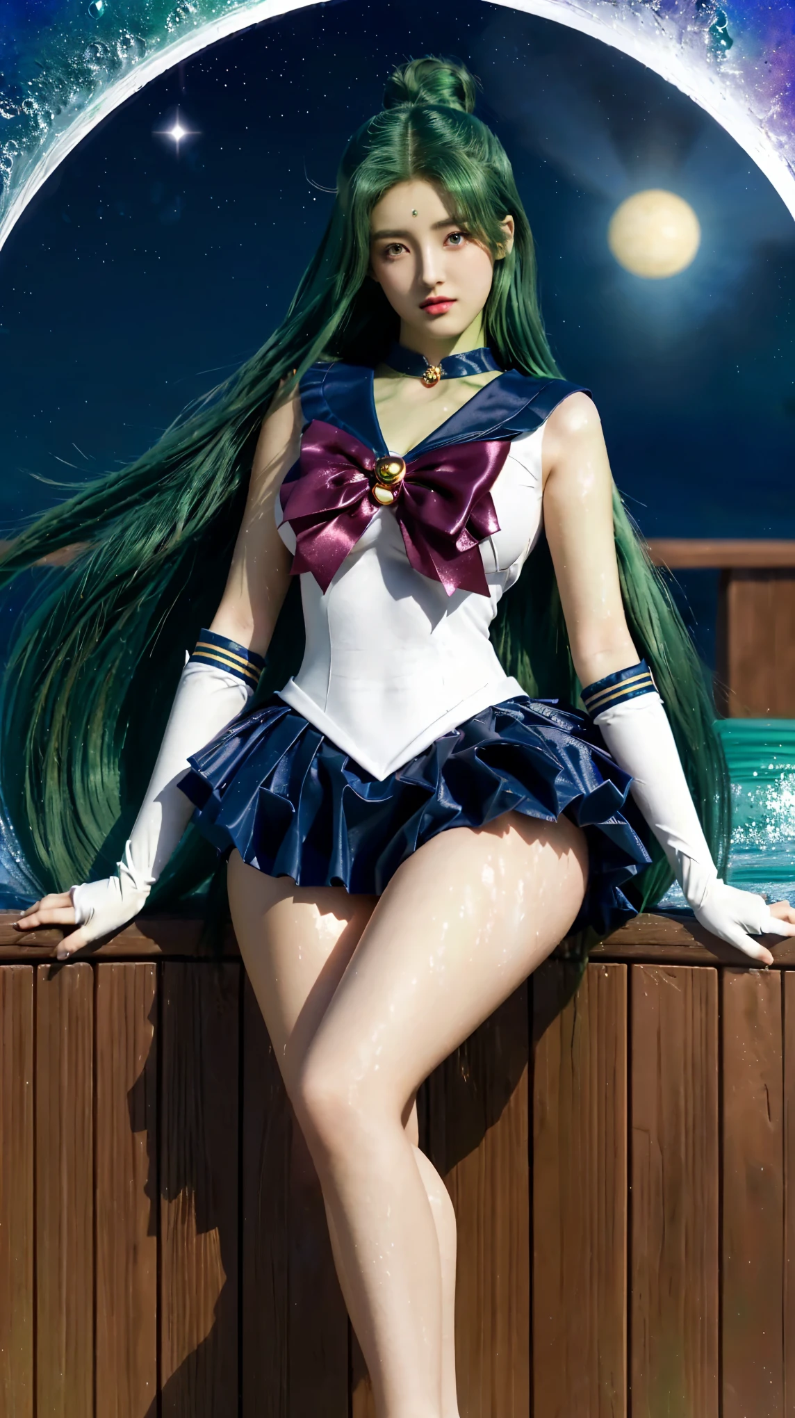 a close up of a woman in a sailor costume posing on a ledge, anime girl cosplay, anime cosplay, cosplay, cosplay photo, realistic cosplay, anime girl in real life, full-cosplay, the sailor moon. beautiful, big breasts, big tall posture, thin lips, shiny lips, pleated skirt, super short mini skirt, ahri from league of legends, photorealistic anime, professional cosplay, sailor uniform, sailor moon style, ((green hair, long hair, bun hair, green eyes, water pool background)), sailor pluto.
