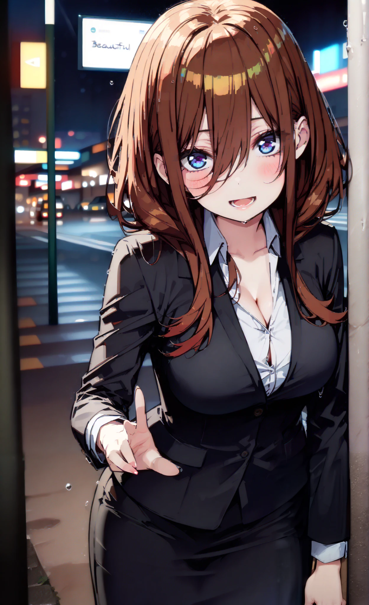 Nakano Future, long hair, bangs, blue eyes, brown hair, long hair, ,Big Breasts, cleavage, suit, pencil skirt , jacket, smile,blush, open your mouth, shirt, black pantyhose, pin heels, is standing,屋根のあるbus stopでrain宿りしている,rain,night,building,whole bodyがイラストに入るように, break outdoors,bus stop,
break looking at viewer,whole body,
break ( Masterpiece:1.2), top quality , kampala, Unity 8k Wallpaper,(shape:0.8),( fine, beautiful eyes :1.6),It's a person ,whole body写真,CG Details , ( perfect hand, Complete Anatomy),