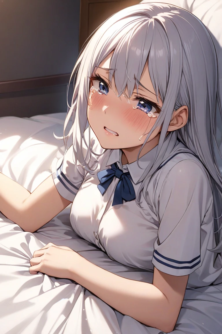 (best quality,high resolution,White lighting:1.2),school uniform sleeping on bed, ((invisible, no humans:1.5, headless:1.5, handless, legless)), big breast, (close-up to breast),