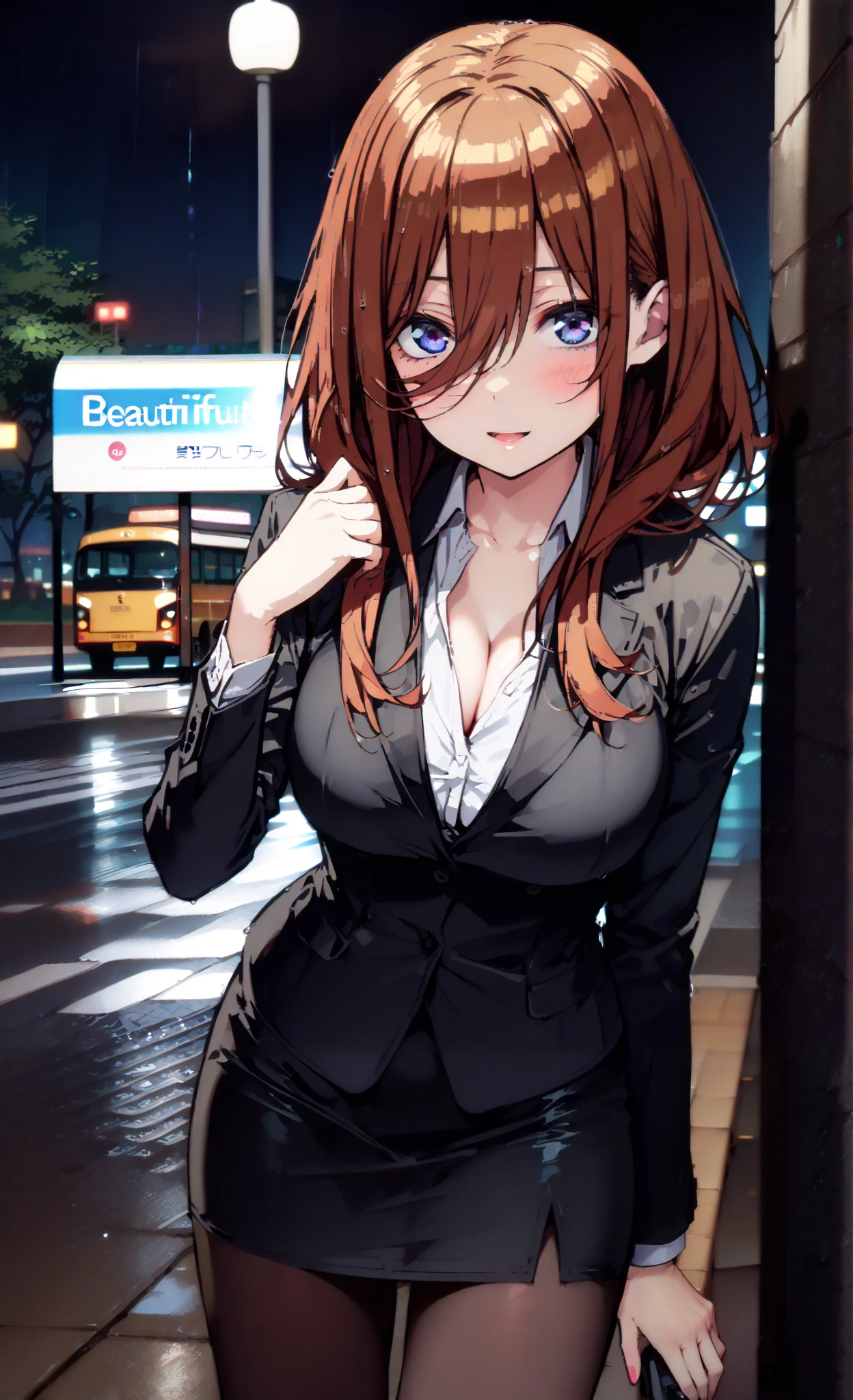  Nakano Future,  long hair, bangs,  blue eyes,  brown hair,  long hair, ,Big Breasts, cleavage,  suit,  pencil skirt ,  jacket, smile,blush, open your mouth, shirt, black pantyhose, pin heels, is standing,屋根のあるbus stopでrain宿りしている,rain,night,building,whole bodyがイラストに入るように,  break outdoors,bus stop,
break looking at viewer,whole body,
break ( Masterpiece:1.2), top quality , kampala, Unity 8k Wallpaper,(shape:0.8),(  fine, beautiful eyes  :1.6),It's a person ,whole body写真,CG Details , ( perfect hand, Complete Anatomy),