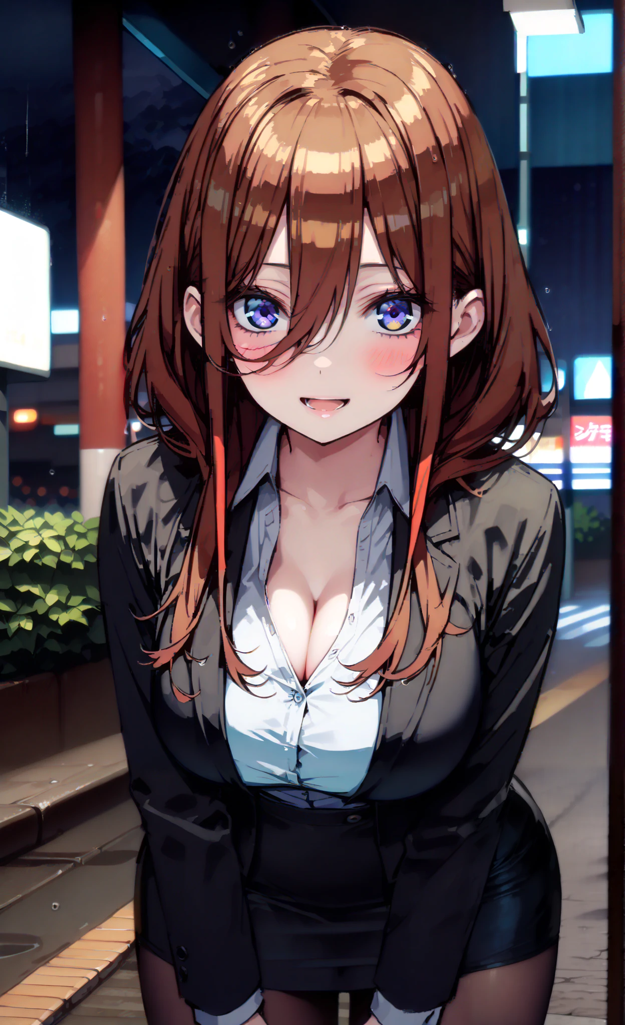 Nakano Future, long hair, bangs, blue eyes, brown hair, long hair, ,Big Breasts, cleavage, suit, pencil skirt , jacket, smile,blush, open your mouth, shirt, black pantyhose, pin heels, is standing,屋根のあるbus stopでrain宿りしている,rain,night,building,whole bodyがイラストに入るように, break outdoors,bus stop,
break looking at viewer,whole body,
break ( Masterpiece:1.2), top quality , kampala, Unity 8k Wallpaper,(shape:0.8),( fine, beautiful eyes :1.6),It's a person ,whole body写真,CG Details , ( perfect hand, Complete Anatomy),