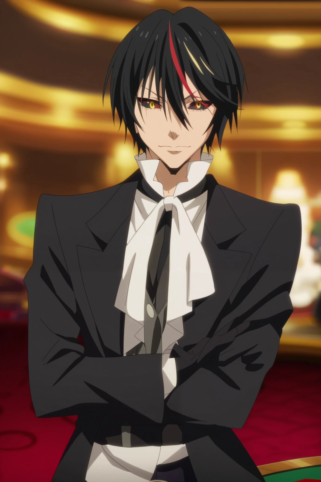 score_9, score_8_up, score_7_up, source_anime, rating_safe, intricate details, anime screencap, anime coloring, , looking at viewer, depth of field, 1boy, solo, male focus, diablo_tensura, black hair, yellow eyes, multicolored hair, streaked hair, red hair, hair between eyes, colored sclera, straight-on, las vegas, casino, indoors, v arms, nervous, butler costume,