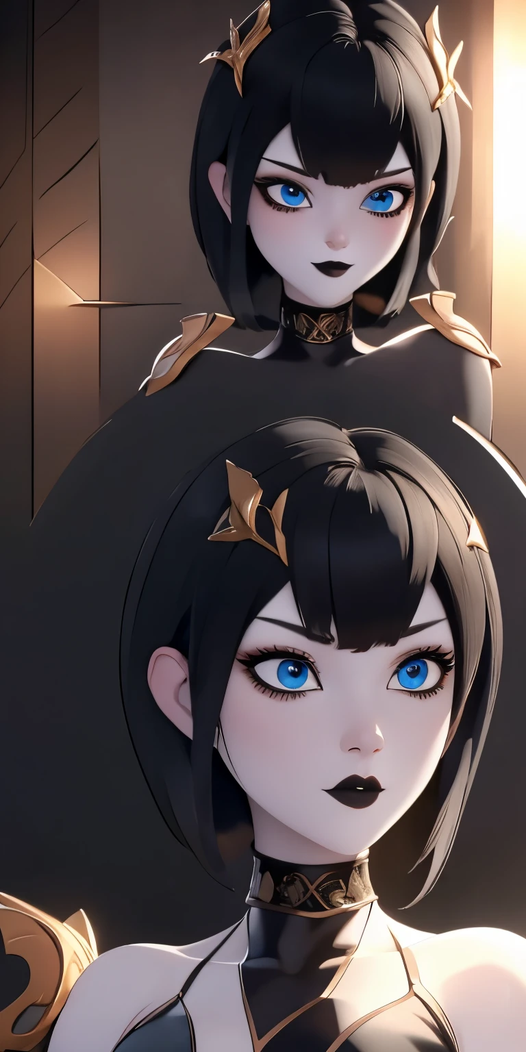 (best quality:1.4),(shiny skin), body focus, (cute face), (((best quality))), illustration, ((Beautiful Finger)), , Beautiful body, Beautiful character design, ,perfect lighting, Colorful, Bright_Front_face_Lighting, ultra high res, highres, absurdres:1.2, bokeh:1.2, lens flare, (vibrant_color:1.2), (thick thighs:1.1), THICK, Black hair with bangs, pale skin, large round blue eyes, black eyeliner, black lipstick, neutral expression, ruffled bikini