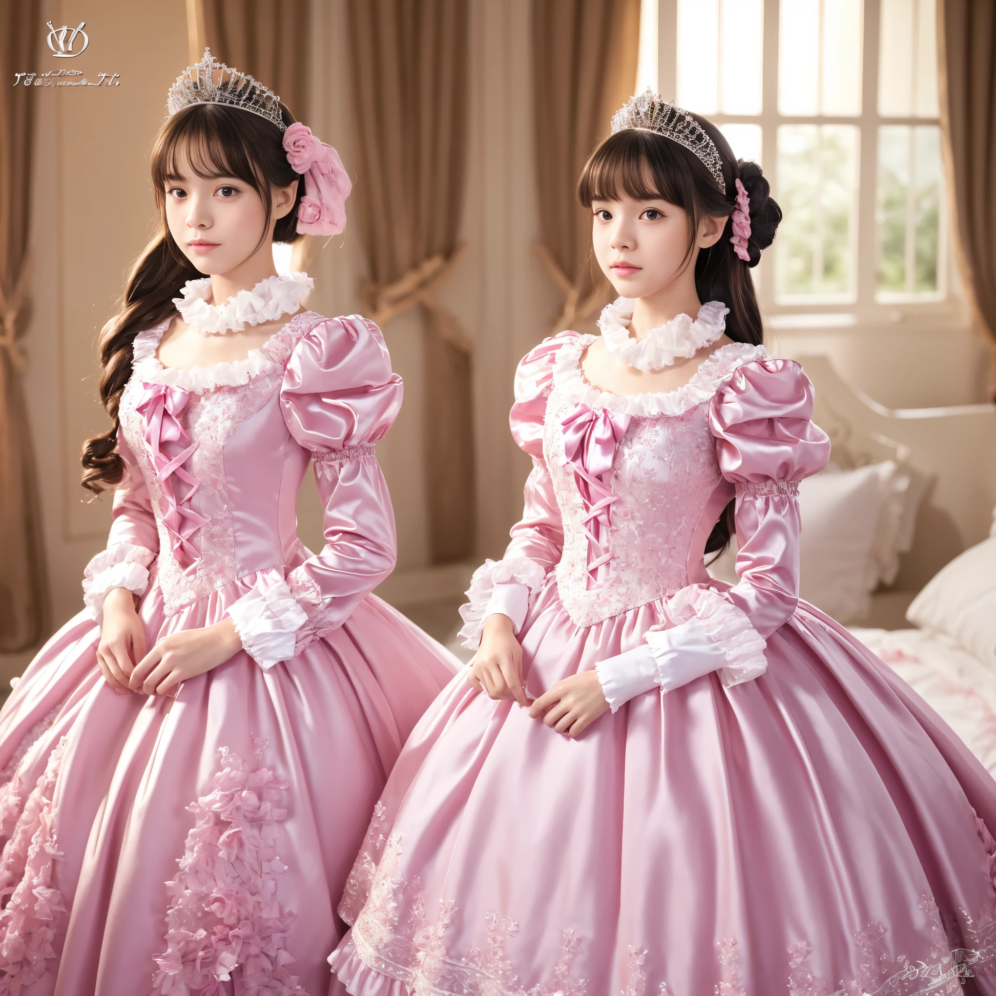 highest quality, masterpiece, highest resolution, artwork, super be familiar with, many detailed, detailed, be familiar with, woman, 10 years old,two girls are princesses,pink victorian dress,long sleeve,long dress,Dress with lots of frills and ribbons,Satin fabric,luxury