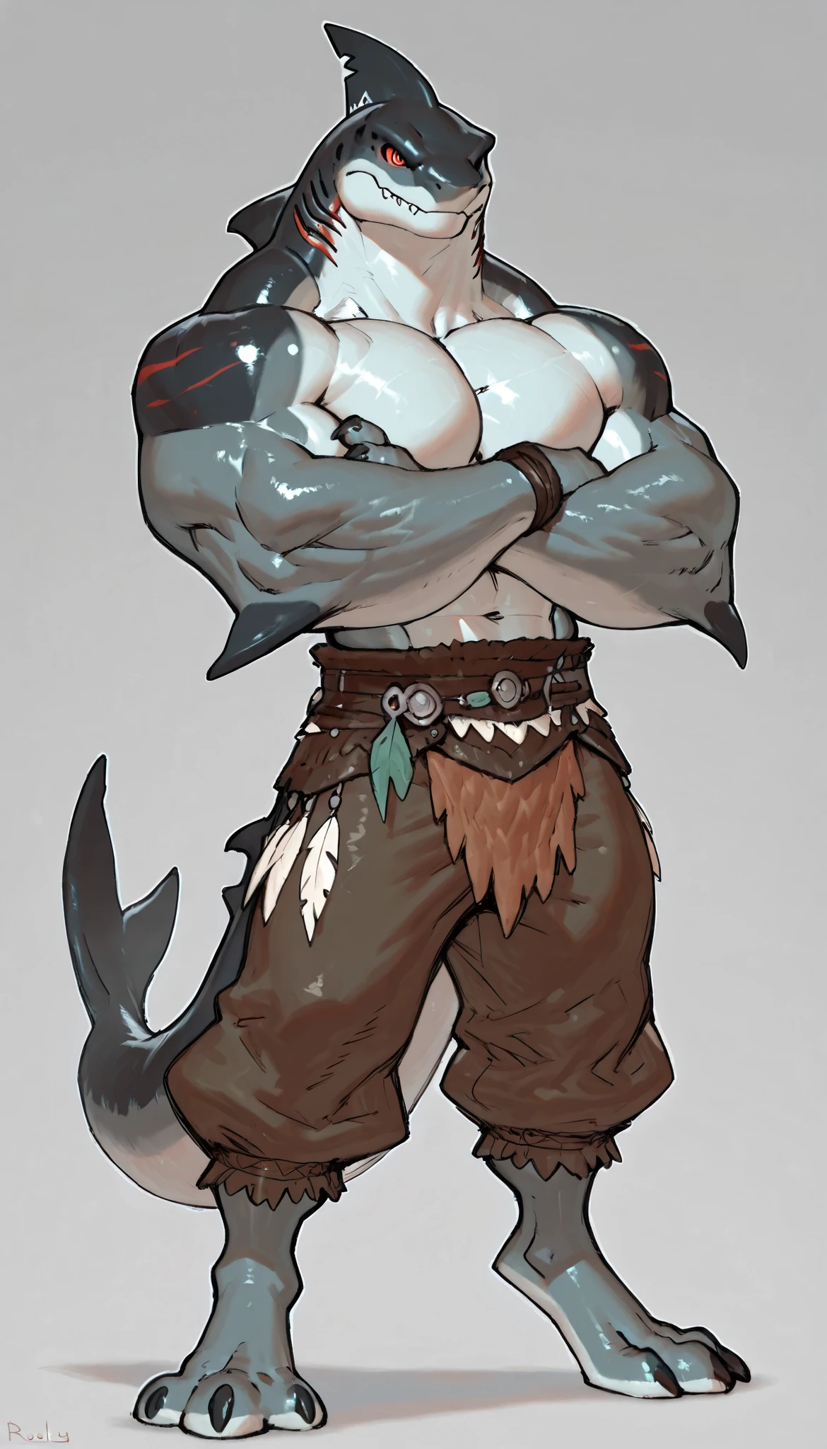 sharkman, anthro megalodon, darker hands and fins, black back, solo, big arms, bara, detailed skin, lizard shark hybrid, anthro, closed mouth, tribal, detailed shark skin, scalie arms, fins on arms, gray color body, beefy, thick scales on arms, digitigrade legs, 3 toes, proporcional body, mercenary pants, wide chest, trapezoid body type, marked jaw, thick shark tail, The design incorporates elements from various shark species, such as the dorsal fin, sharp teeth, and muscular build, best quality, sketch, ultra-detailed, by Buta99, by taran fiddler, by honovy, by Riolutiny, detailed illustration of 4K horror, standing with crossed arms