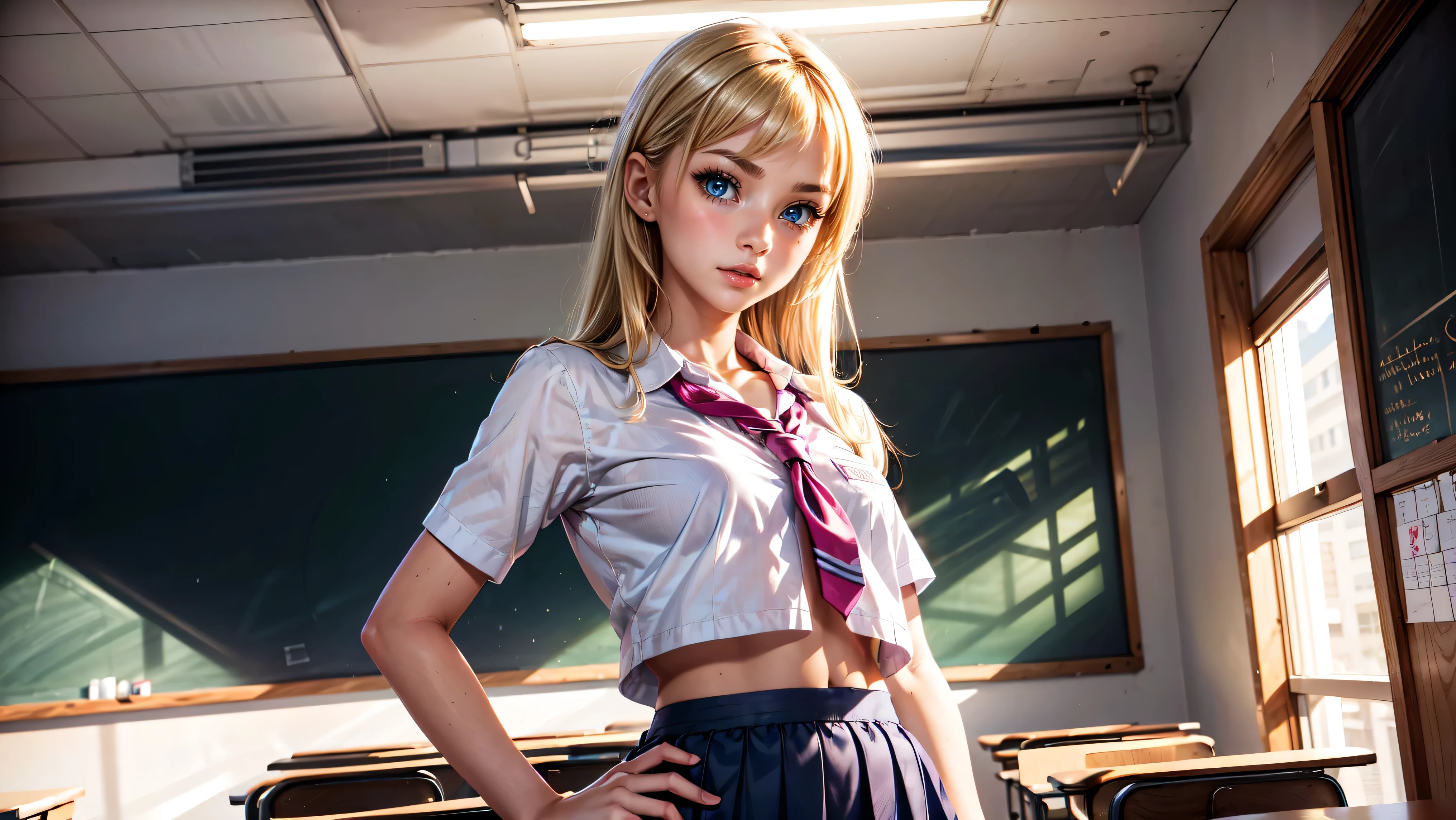 young girl, Standing in a classroom, Cute blonde girl wearing revealing pink high-school uniform in classroom, sexy, petite, blue eyes, popular girl, standing in front of the chalkboard, 
