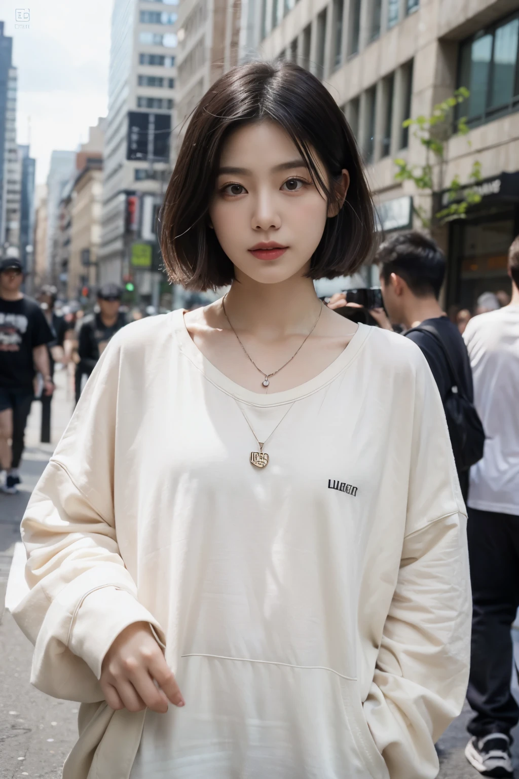 ((Masterpiece, high quality, best quality, ultra detailed, RAW Photo, 4k)), 1 girl, tomboy girl, short hair, have two hair layers, black hair, perfect eyes, perfect face, delicate face, perfect eyelids, pale skin, (wearing oversized t-shirt and oversized long pants), perfect hands, perfect fingers, in the street, crowded people, (wearing small necklace)