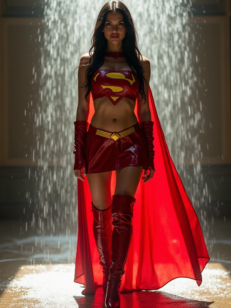 A SEXY BUSTY TEEN FEMALE WEARING A 1970 BLUE OPEN V BUTTONLESS FULL LENGTH PLEASANT BLOUSE WITH A SMALL "S"EMBLEM ON THE RIGHT SIDE OF HER CHEST, A PAIR OF RED SHORTS WITH A YELLOW BELT, TALL RED HEELED BOOTS, A BLUE CHOKER, AND A LONG FLOWING RED CAPE.