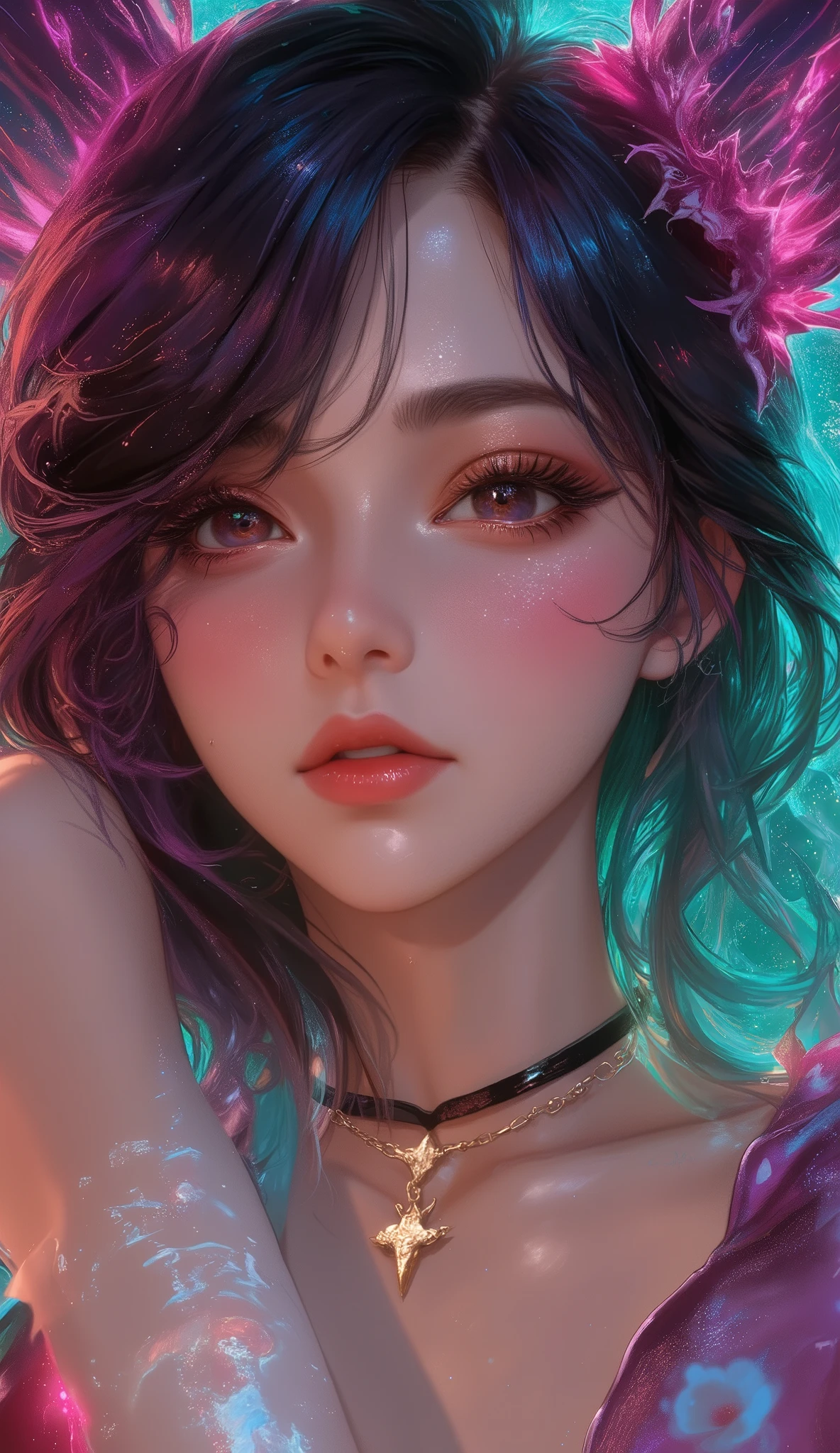 Close-up of a woman with  colorful hair and necklace, Cosmic Haired Anime Viera Girl, The gentle vitality of rose roses,  Gouvez Style Artwork ,   Fantasy Art Style ,  colorful],  Vivid Fantasy Style, Ross draws vibrant cartoons, cosmic and  colorful, Gwaiz,  colorful digital fantasy art,  amazing art style ,  beautiful anime style, Full body lighting, Skin Brightness, sexy expressions