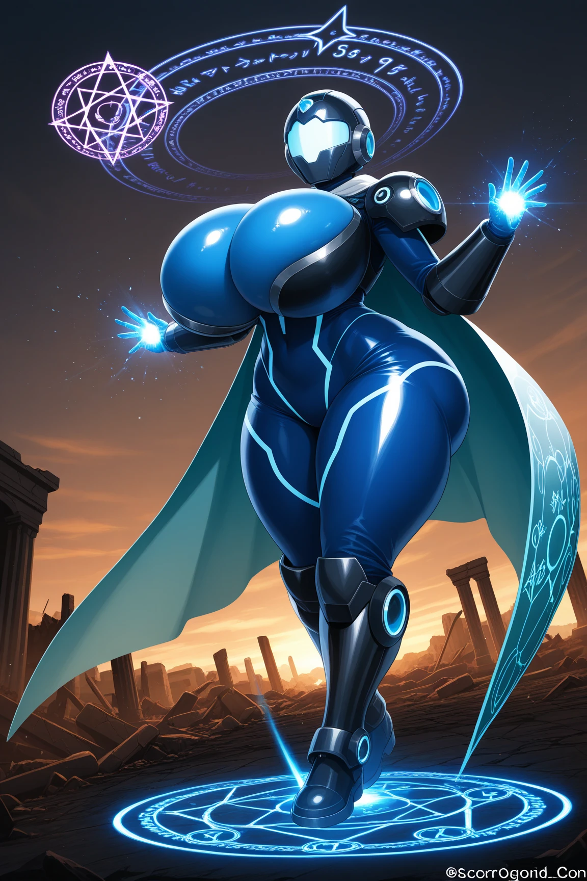Generate an illustration of a mature Clair, gym leader of pokemon, ponytail, holding a poke all, de terno preto, long hair, hair flows straight down, darkblue hair, (gigantic breasts:1.4), blue outfit in anime format with a serious style, (black cape), blue tights, blue boots, gothic make up, masterpiece, ((dark lighting)), black background, puffy lips,slendered abs, beautiful face,