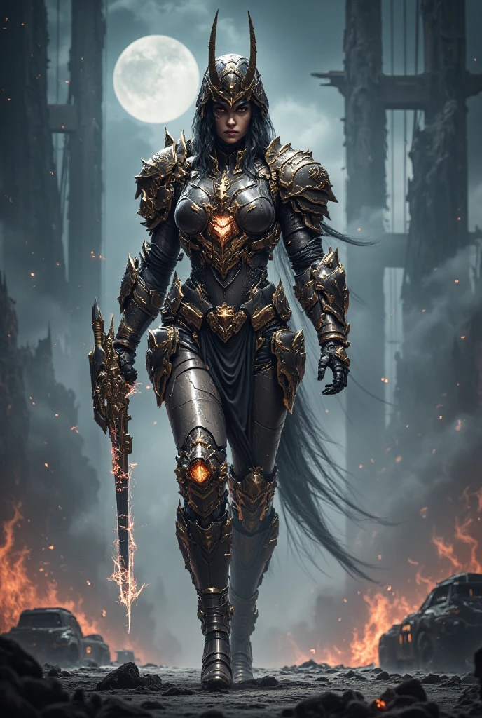 - Main Character, Adult Female "Moldova", Beautiful, Wearing some accessories.
- Wearing a costume ("Full Sexy Armor").
Chest and Thigh Armor are half open.
Futuristic Costume Design.
Wearing a dull hood.
- Sexy and Athletic Body.
Perfect curves, big breasts, flat and slim stomach, wide hips, big buttocks.
- High heels are very detailed, hand guards are very detailed, Armor protects knees and elbows.
Magic circle full of magic pattern images glowing.
The whole body is covered in Cosmic Energy.
- Costume is dominated by White with a combination of Saffron colors.
- Pose: Walking energetically in the middle of the bridge.
Big Bridge, Burnt Damaged Vehicles, big river, quiet and silent.
Night, Moonlight, humid, Mystical fog.
"FANTASY"