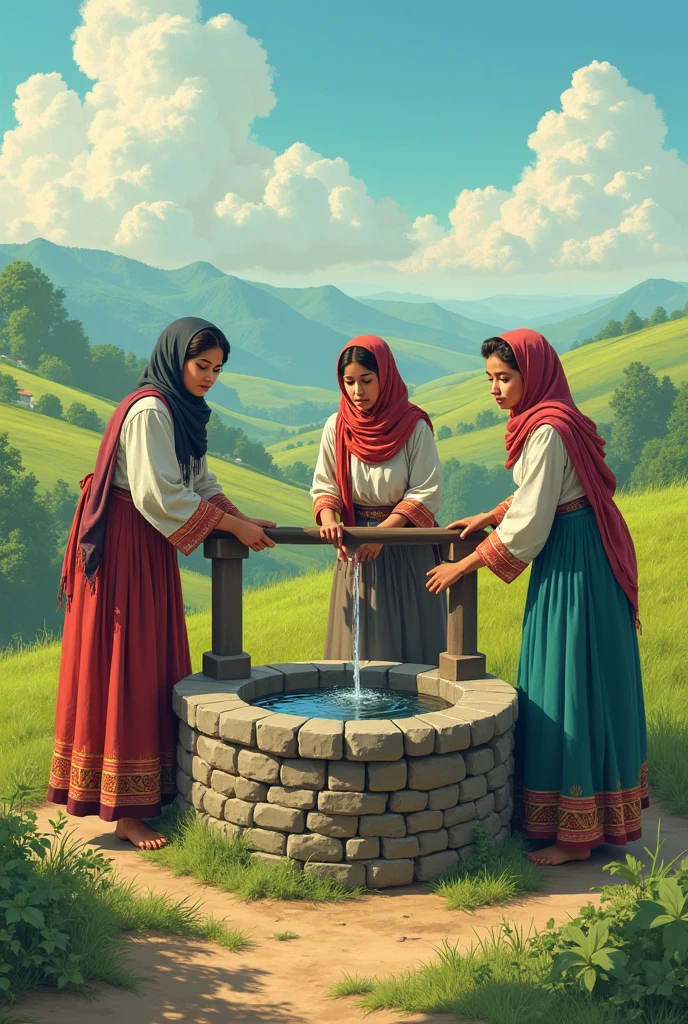 A peaceful village well with three women in traditional clothing filling clay pots with water under the warm afternoon sun
