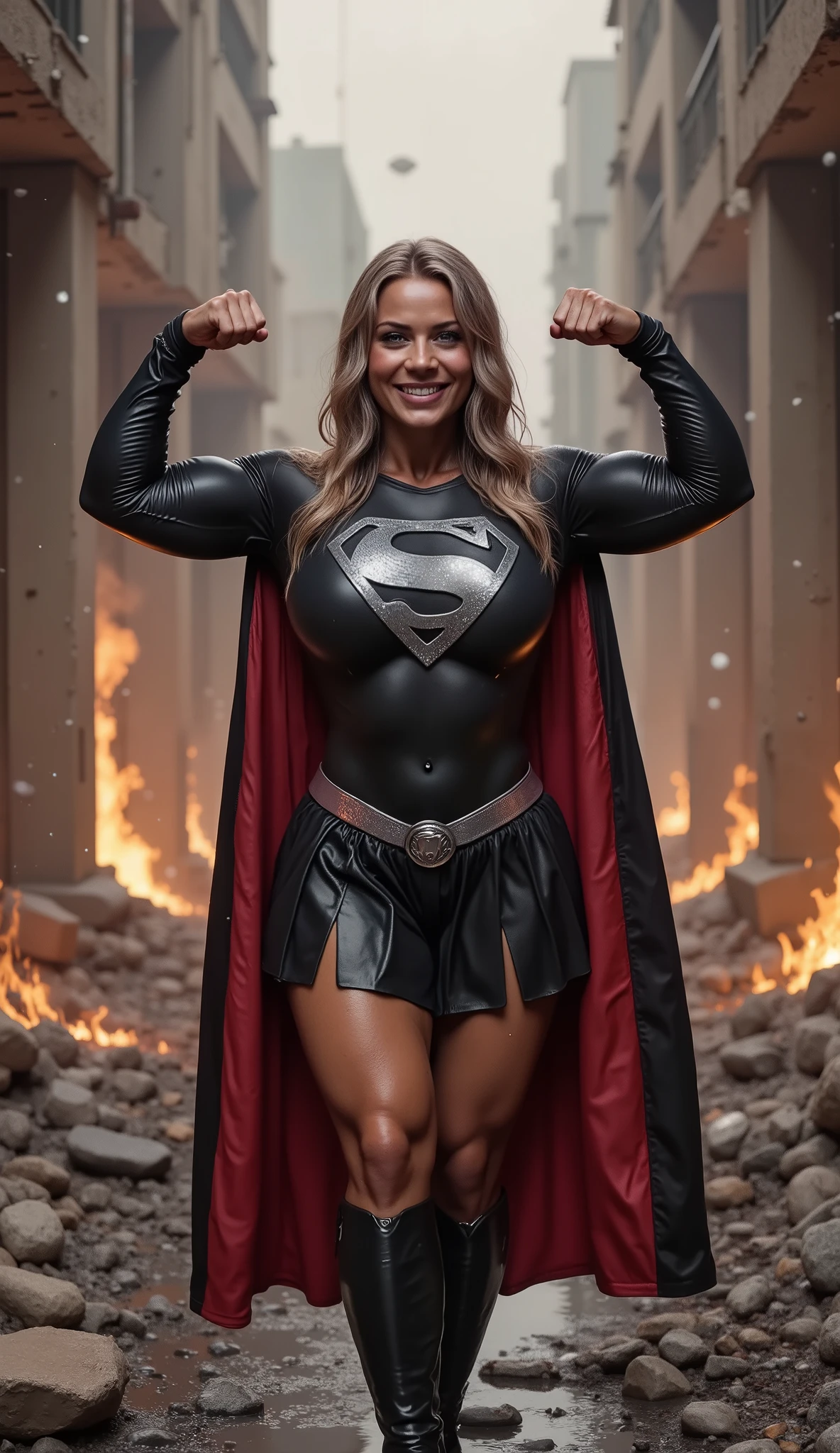 A MATURE CUTE LATINO LONG GREY HAIR WEARING A WET SHINY FABRIC LONG SLEEVE BLACK CROP TOP WITH A SILVER "S" EMBLEM AND SILVER TRIM ON THE SLEEVES, A SHORT BLACK PLEATED SKIRT WITH A SILVER SUPERGIRL BELT, A PAIR OF TALL BLACK BOOTS WITH SILVER TRIM, AND A LONG BLACK AND RED SUPERGIRL CAPE. Smile, High Resolution, Detail, High Details, Super Detailed, Textured Skin, Retina, High Quality. WALKING THROUGH A BURNING BUILDING. FLEXING BOTH OF HER ARM MUSCLES. GLOSSY PHOTO STYLE. METAL SILVER "S" EMBLEM ON HER CHEST,