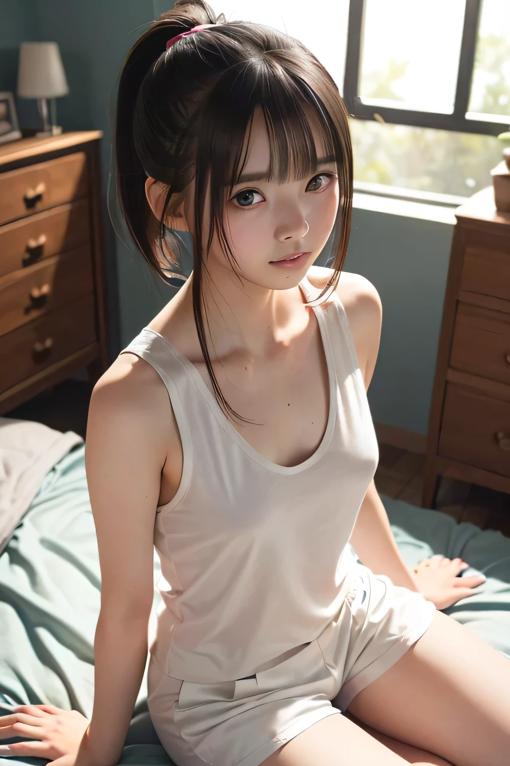 (8k, RAW photo, photorealistic:1.25), (looking at viewer, Messy hair, disheveled wet Hair, wet short ponytail hair, very short hair:1.8), (white headband:1.5), (cleavage, flat chest, covered nipples, white tank top, white running short pants, Track and field wear:1.7), (lip gloss, eyelashes, Shiny surface, Glossy Skin, best quality, ultra highres, allows depth of field, Color Difference , caustics, blow lighting , Natural Shading, kpop idol), (Swollen eyes from crying:1.2) , (crying, tears, tearing, sadness), (dark background, indoor, night, a girl is sitting on the bed, dark small bedroom, night view:1.4)