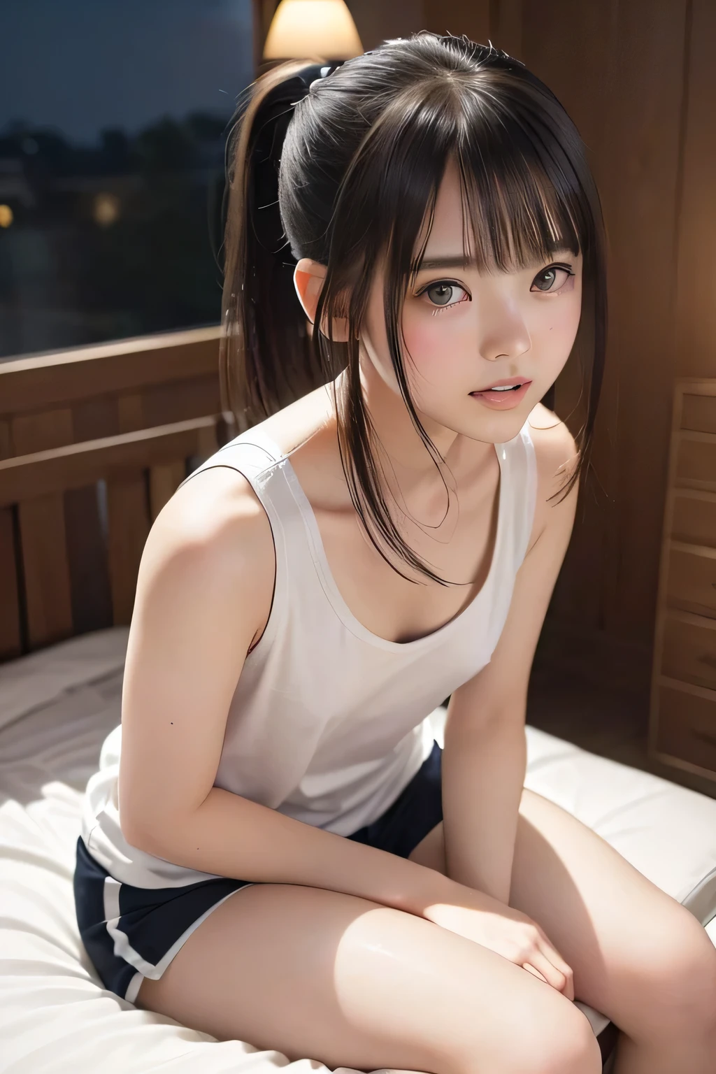 (8k, RAW photo, photorealistic:1.25), (looking at viewer, Messy hair, disheveled wet Hair, wet short ponytail hair, very short hair:1.8), (white headband:1.5), (cleavage, flat chest, covered nipples, white tank top, white running short pants, Track and field wear:1.7), (lip gloss, eyelashes, Shiny surface, Glossy Skin, best quality, ultra highres, allows depth of field, Color Difference , caustics, blow lighting , Natural Shading, kpop idol), (Swollen eyes from crying:1.2) , (crying, tears, tearing, sadness), (dark background, indoor, night, a girl is sitting on the bed, dark small bedroom, night view:1.4)