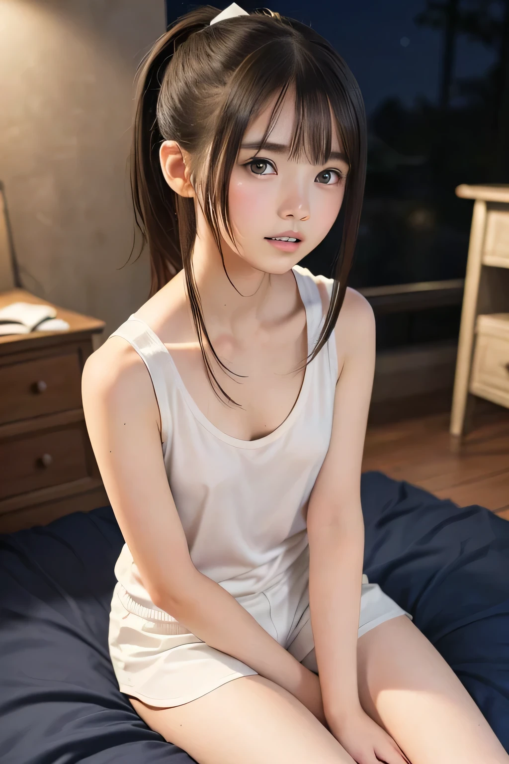 (8k, RAW photo, photorealistic:1.25), (looking at viewer, Messy hair, disheveled wet Hair, wet short ponytail hair, very short hair:1.8), (white headband:1.5), (cleavage, flat chest, covered nipples, white tank top, white running short pants, Track and field wear:1.7), (lip gloss, eyelashes, Shiny surface, Glossy Skin, best quality, ultra highres, allows depth of field, Color Difference , caustics, blow lighting , Natural Shading, kpop idol), (Swollen eyes from crying:1.2) , (crying, tears, tearing, sadness), (dark background, indoor, night, a girl is sitting on the bed, dark small bedroom, night view:1.4)