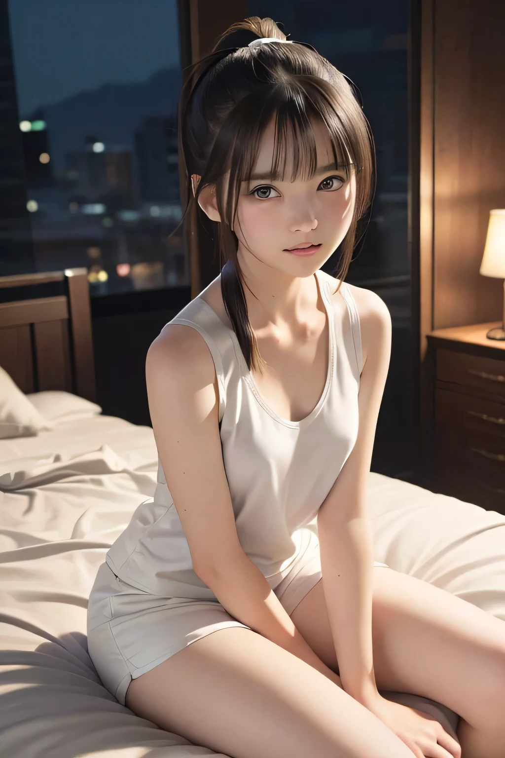 (8k, RAW photo, photorealistic:1.25), (looking at viewer, Messy hair, disheveled wet Hair, wet short ponytail hair, very short hair:1.8), (white headband:1.5), (cleavage, flat chest, covered nipples, white tank top, white running short pants, Track and field wear:1.7), (lip gloss, eyelashes, Shiny surface, Glossy Skin, best quality, ultra highres, allows depth of field, Color Difference , caustics, blow lighting , Natural Shading, kpop idol), (Swollen eyes from crying:1.2) , (crying, tears, tearing, sadness), (dark background, indoor, night, a girl is sitting on the bed, dark small bedroom, night view:1.4)