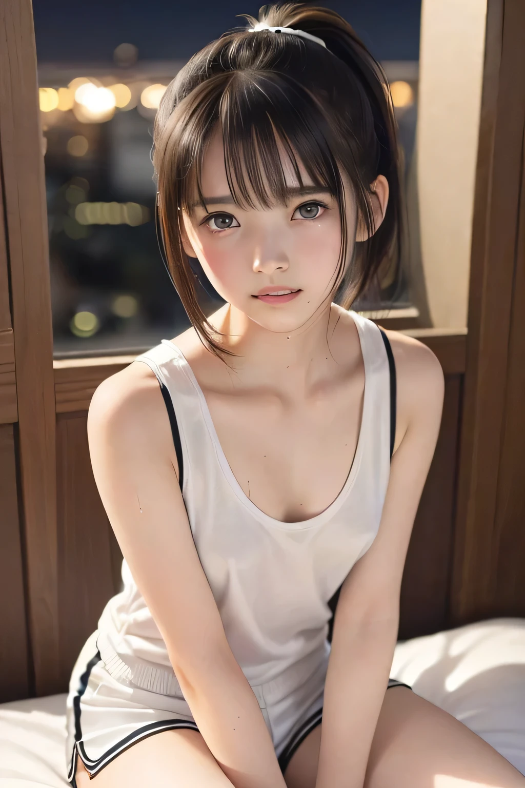 (8k, RAW photo, photorealistic:1.25), (looking at viewer, Messy hair, disheveled wet Hair, wet short ponytail hair, very short hair:1.8), (white headband:1.5), (cleavage, flat chest, covered nipples, white tank top, white running short pants, Track and field wear:1.7), (lip gloss, eyelashes, Shiny surface, Glossy Skin, best quality, ultra highres, allows depth of field, Color Difference , caustics, blow lighting , Natural Shading, kpop idol), (Swollen eyes from crying:1.2) , (crying, tears, tearing, sadness), (dark background, indoor, night, a girl is sitting on the bed, dark small bedroom, night view:1.4)