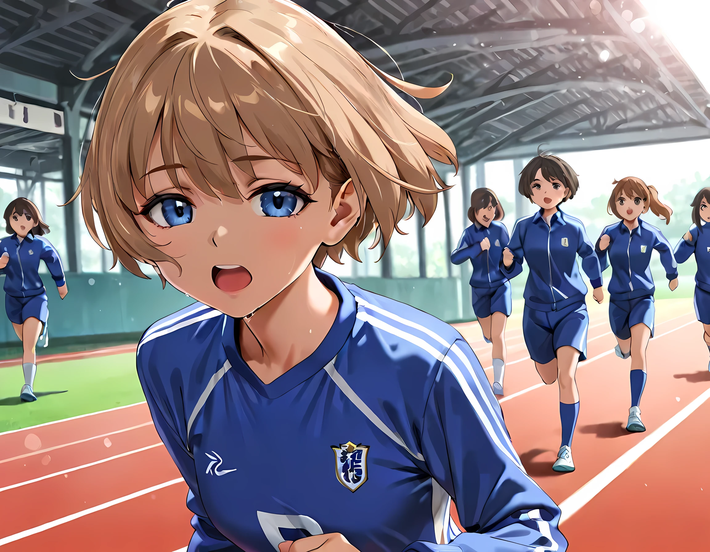 masterpiece, best quality, 8K, high detailed, vector illustration, (yd\(orange maru\):0.9), (reizei\(cyclone\):0.6), (ame\(uten cancel\):0.4), too many girls, midday, bokeh, sports ground, running, long sleeve School Jersey(blue), from front, cinematic angle, upper body, aport arms, open-mouthed, They look tired, close to viewer
