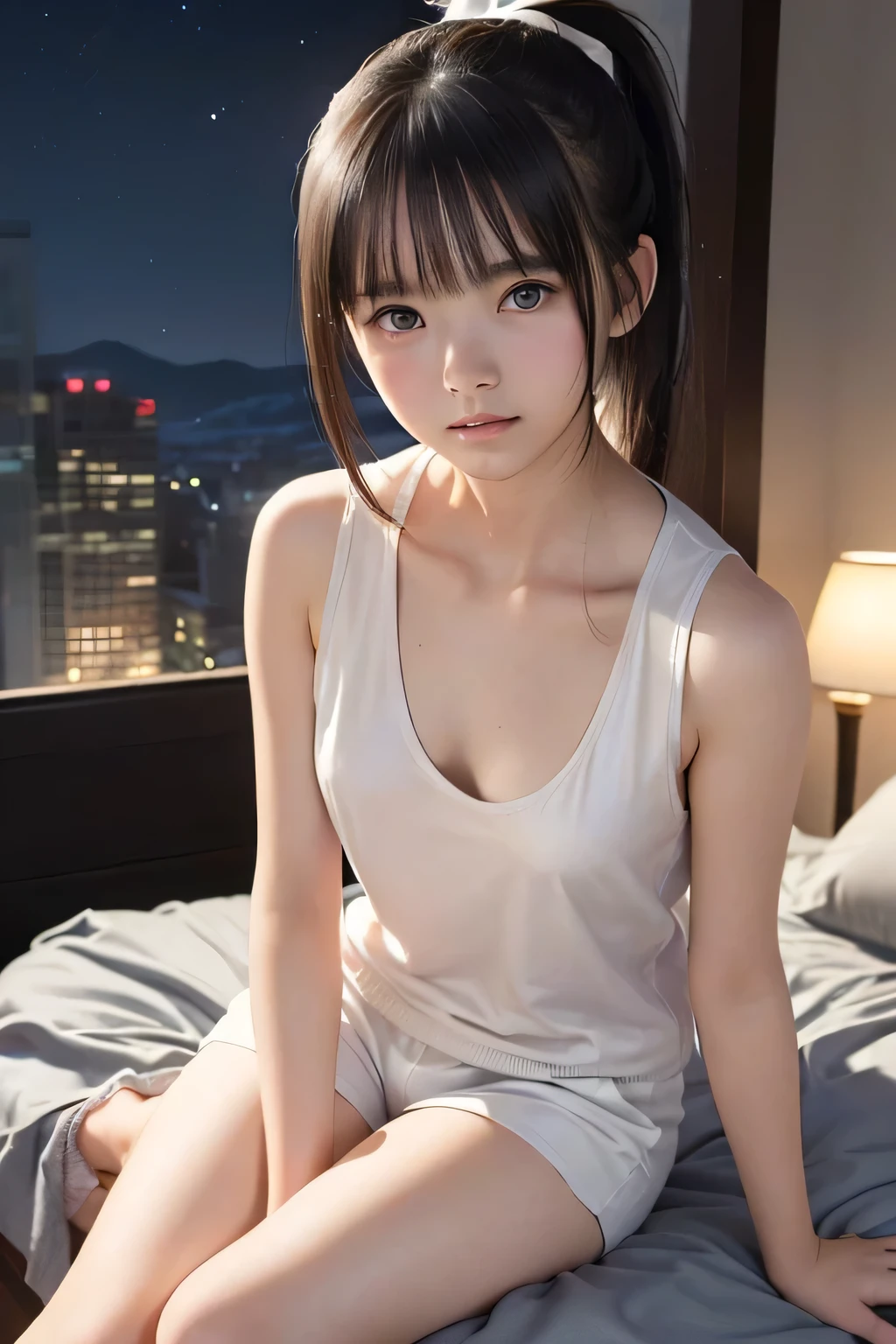 ((Highest quality)), ((masterpiece)), (detailed), natural Light , (Japanese), , Black Hair, Girl, ,small Breasts, White Nightgown, (Blue eyes),half-smile ,crawling position ,Lower ponytail ,On the bed,