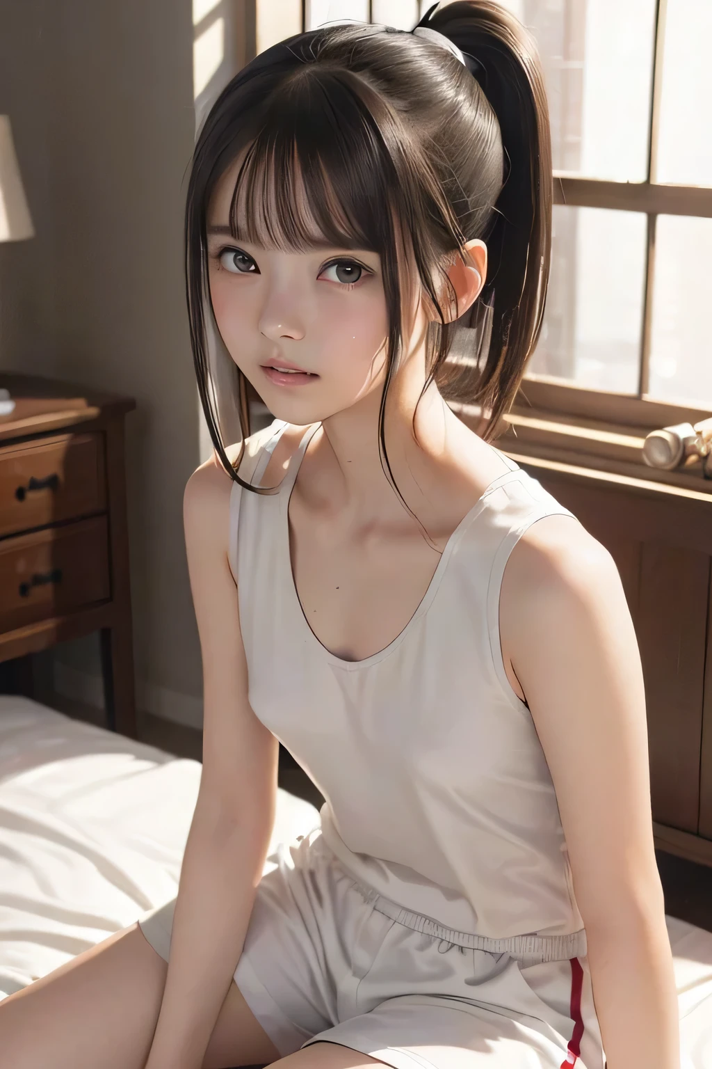 (8k, RAW photo, photorealistic:1.25), (looking at viewer, Messy hair, disheveled wet Hair, wet short ponytail hair, very short hair:1.8), (white headband:1.5), (cleavage, flat chest, covered nipples, white tank top, white running short pants, Track and field wear:1.7), (lip gloss, eyelashes, Shiny surface, Glossy Skin, best quality, ultra highres, allows depth of field, Color Difference , caustics, blow lighting , Natural Shading, kpop idol), (Swollen eyes from crying:1.2) , (crying, tears, tearing, sadness), (dark background, indoor, night, a girl is sitting on the bed, dark small bedroom, night view:1.4)