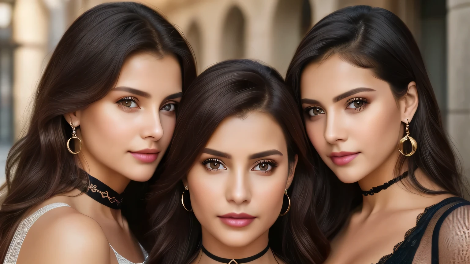 Capture a photorealistic, hyper-detailed image of 2 girls together in a single frame, 18 years old, (kissing:1.1), smiling, Dark hair with blonde highlights, choker, (dark eyeshadow:1.3), shag_cut hair, (big breasts:1.3), curvy russian women in a mini skirt and blouse covering the breasts, in greece. Realistic skin texture. Use ambient street lighting to create vintage shadows. evening. Export in RAW with a 'vintage elegance' Instagram LUT