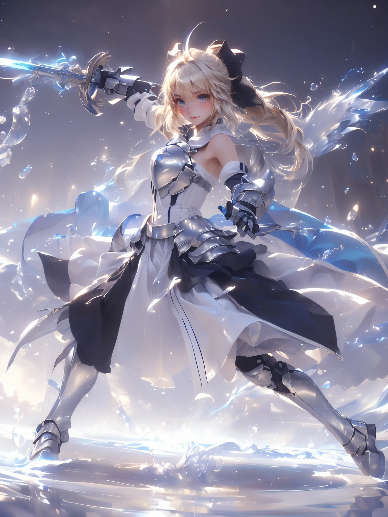 Artorian Pendragon, グッドスマイルカンパニー Fantasy, score_9, score_8_Excellent, score_7_Excellent, 32K , Detailed Description 、(( very detailedCGインテグレーション ), CGSoation Trends、( Detailed Depiction ), (( super real , dynamic action poses in vibrant 3D )),,( very detailedなアート),( Great Artistic Expression , Overwhelming depiction :1.5),( 緻密で精緻な Fantasyアート ) , detailed skin texture、 detailed armor texture for large breasts 、 detailed face、 complicated details、 super detailed、 shines brightly、 silver armor 、Slash、Slashアクション、 shoulder guard、 full of facial details , beautiful, Ponytail,hair bow, (( Platinum Blonde Hair with Dazzling Highlights、Shiny bright hair, 光沢のある beautiful前髪 、Very detailed hair )), Hi-Res, Fantasy、( realistic )、Floating Water ,Shallow Water Surface (( top quality )),( 超 Hi-Res),( very detailed)