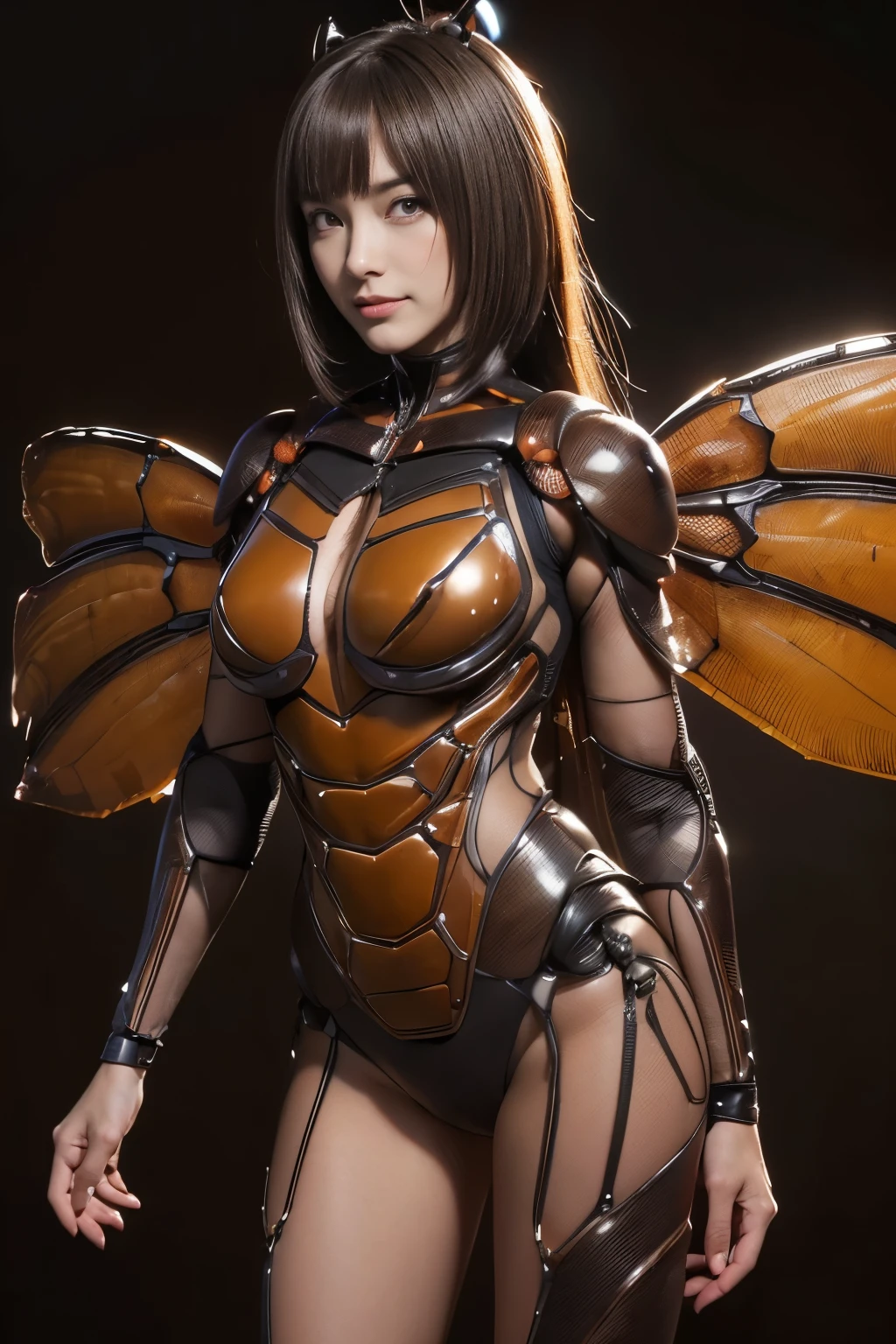 (High resolution,masutepiece,Best Quality,extremely details CG, Anime, Official art:1.4), Realistic, Photo, amazing fine details, all intricate, gloss and shiny,awesome many layers, 8K Wallpaper,3D, sketch, kawaii, Illustration,( Solo:1.4), perfect female proportion,villainess, (Fusion of dark brown cockroach and lady:1.4), (Brown cockroach forms ready:1.2), (Brown cockroach woman:1.2), (Fusion:1.2), (Solo:1.4), (Evil smile:1.2), muscular, Abs, (cockroach brown exoskeleton bio insect Suit:1.4), (Brown exoskeleton insect armor from cockroaches:1.2), (Brown transparent cockroach wings:1.4), (Brown cockroach antenna:1.3),