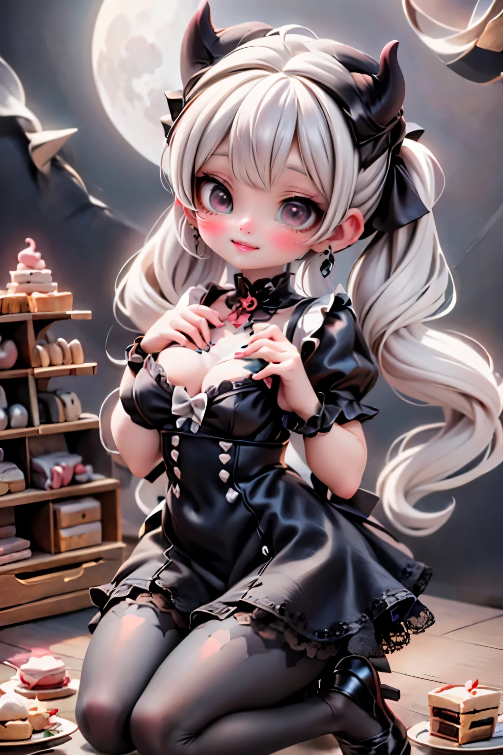 masterpiece, best quality, a cute girl smiling, long hair, (white skin:1.6), red smokey eyes makeup, crop shirt, short puffy sleeves, mini skirt, earrings, big_black_bat_wings, goat _horn_on_head, choke, (white pantyhose), ((Lolita shoes)), ((patent leather PUMPS)), laying, from below, footwear focus, (((clothes tug))), ultrarealistic, cute digital painting, cute digital art, realistic cute girl painting, cute detailed digital art, cute cartoon characters, beautiful character painting, cute characters, cute anime girl, cute cartoon, kawaii realistic portrait, digital cartoon painting art, cartoon cute, cute portrait, render a cute 3D anime girl, kawaii realistic portrait, anime moe art style, drawn in an anime artist studio, sitting on the ground, high - end fashion photoshoot, 