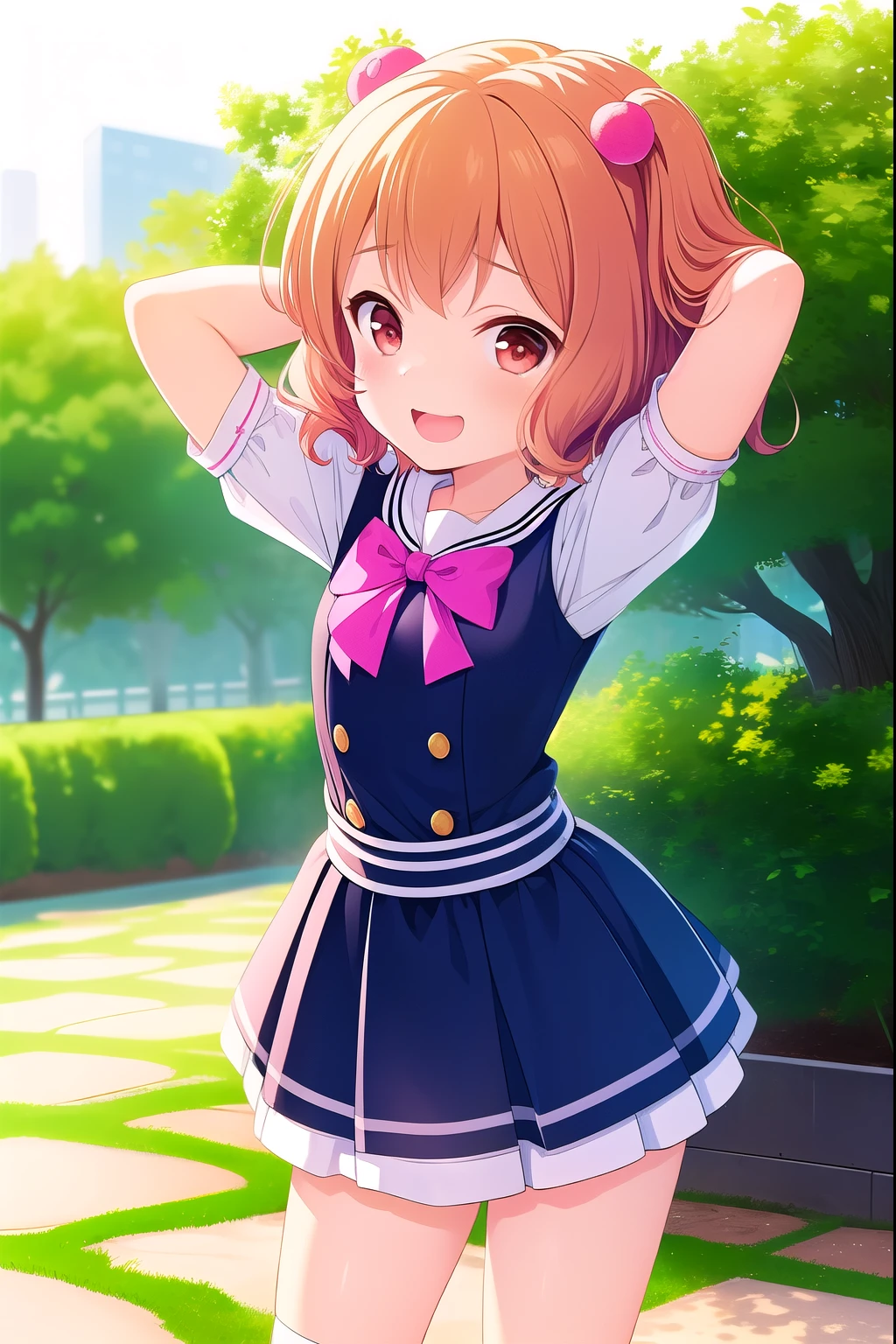 ( masterpiece, top quality), 非常に詳細なbackground, perfect lighting, top quality,{Tomura Michiru, one girl、(), ( beheading ),(Short limbs)、((arms behind head:1.4)), ( is standing:1.3), red eyes 、( laugh:1.3), { short hair、( twin tail)、(pink bobble ), ( orange hair)}, {Nursery school uniform 、(Very small bust:1.4)}}, {background (garden),}