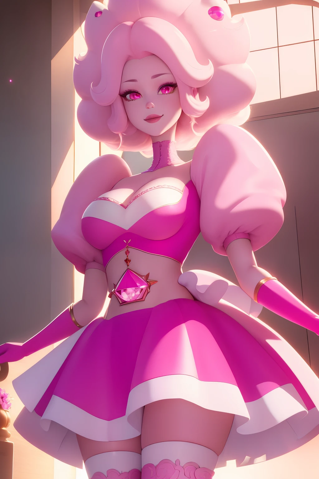 pnkdamond, pink hair, pink eyes, big hair, stomach gem, pink skin, toned,
puffy short sleeves, elbow gloves , white thighhighs, puffy dress,
standing, upper body,
outerspace,
(insanely detailed, beautiful detailed face,beautiful detailed eyes, masterpiece, best quality) cinematic lighting, smile,