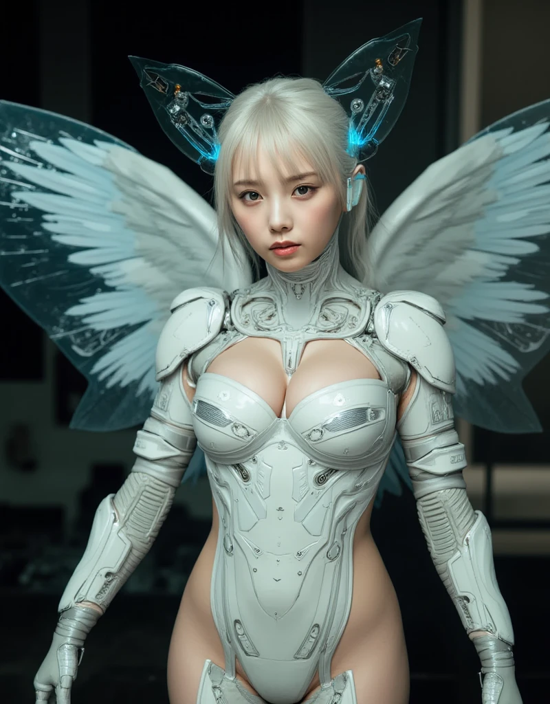 top-quality、​masterpiece、超A high resolution、(Photorealsitic:1.4)、Raw photo、Cyborg Angel、large wings made of metal、White porcelain body、white  hair、glowy skin、1 cyborg girl、((super realistic details))、portlate、globalillumination、Shadow、octan render、8K、ultrasharp、character edge light,Colossal tits、Raw skin  exposed in cleavage、Details of complex ornaments、Hydraulic cylinder、highly intricate detail、Realistic light、a purple eye、radiant eyeacing the camera、neon details、cowboy  shot、Futuristic headgear、Cyberpunk details、Small LED lamp、