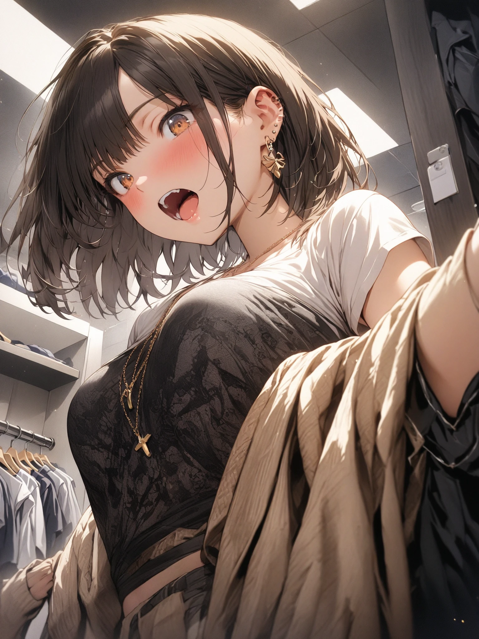 (Very detailed CG Unity 8K 壁紙),(masterpiece), (Highest quality), (Very detailed), (Best illustrations),(Best Shadow), 1girl :o black_jacket blush book bookshelf bottomless bra braid brown_cardigan brown_hair brown_shirt cardigan collared_shirt cross_hair_ornament hair_between_eyes hair_ornament highres holding holding_clothes holding_panties holding_underwear indoors jacket library looking_at_viewer navel original panties presenting_removed_panties purple_eyes ryo_(botugo) shirt short_hair solo standing stomach tile_floor tiles underwear white_bra window