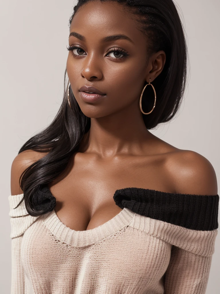 corps entier , beau visage, Long, braided hair,Warm light and clear complexion, Afro-American, Detailed, ultra quality, poitrine claire, sans manches et culotte sculptante  debout au salon