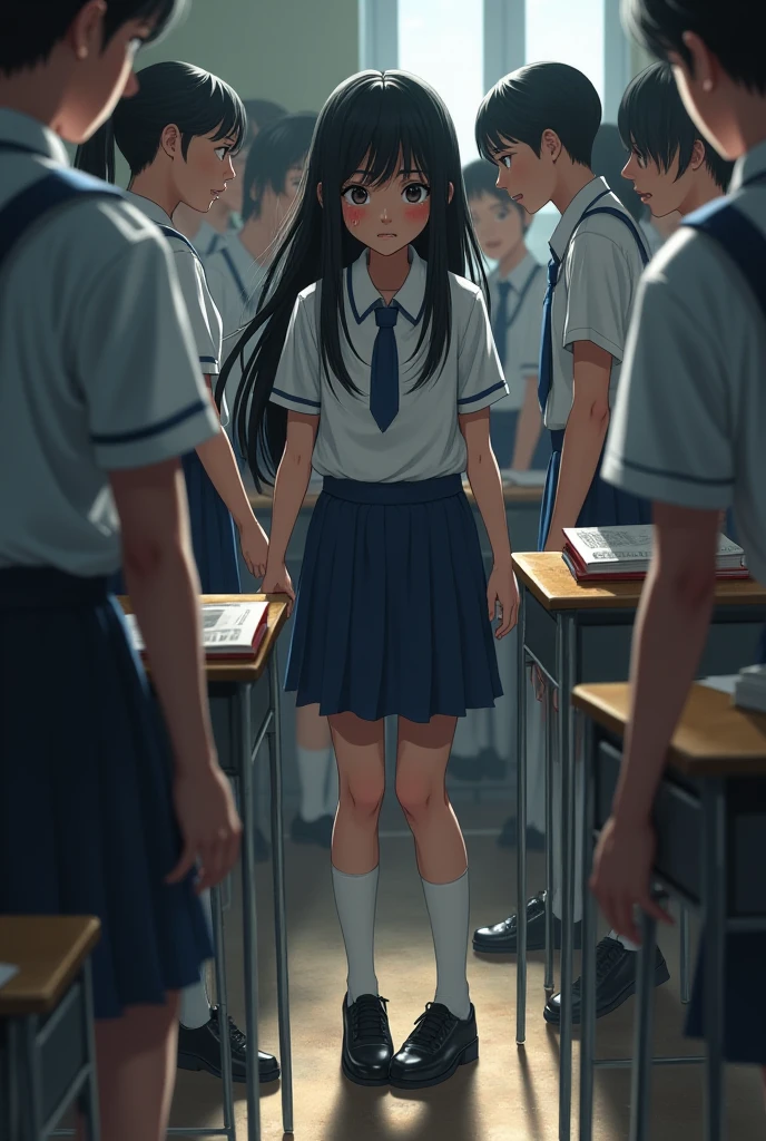 (((up skirt))), (), concept, peeing, myself peeing, wet, wet, having to pee, having to pee, having pee stains, there is a pee stain on a black pleated skirt, Ashina Ashida, one girl, ((((crying face)))), (black sailor suit), big pink hair ribbon, pee, Pee yourself, wet, wet self, long bangs, black hair, embarrassed, blush, brown loafers, (((standing in line with a large group of freshmen in the church at the entrance ceremony of junior high school))), (navy blue sailor suit), white socks, black hair, (lifting the skirt with her hands), (wearing white cotton diapers),