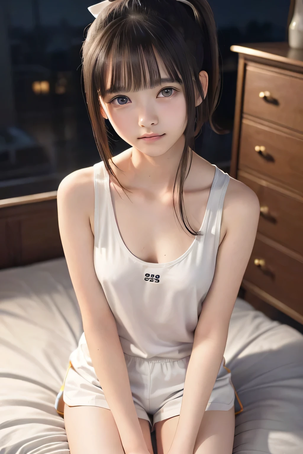 (8k,  RAW photo,  photorealistic:1.25), (looking at viewer, Messy hair, disheveled wet Hair, wet short ponytail hair, very short hair:1.8), (white headband:1.5), (cleavage, flat chest, covered nipples, white tank top, white running short pants, Track and field wear:1.7), (lip gloss,  eyelashes, Shiny surface, Glossy Skin,  best quality, ultra highres,  allows depth of field, Color Difference ,  caustics,  blow lighting , Natural Shading,  kpop idol),  (Swollen eyes from crying:1.2) , (crying, tears, tearing, sadness), (dark background, indoor, night, a girl is sitting on the bed, dark small bedroom, night view:1.4)